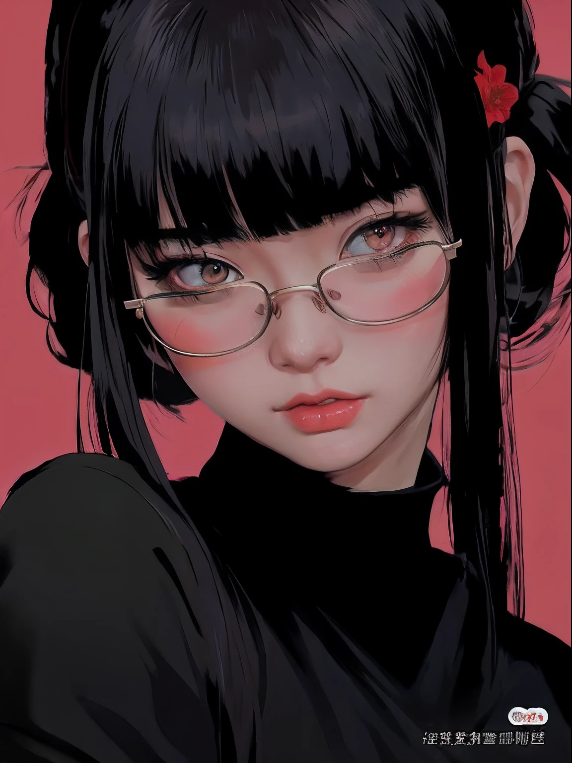 Anime girl with glasses and a ponytail with a red flower in her hair, Arte no estilo de Guweiz, Ilya Kuvshinov. 4 mil, retrato detalhado da menina do anime, Guweiz, estilo de arte : Ilya Kuvshinov, Junko Enoshima, 1 7 - year - old anime goth girl, Obra-prima de Guweiz