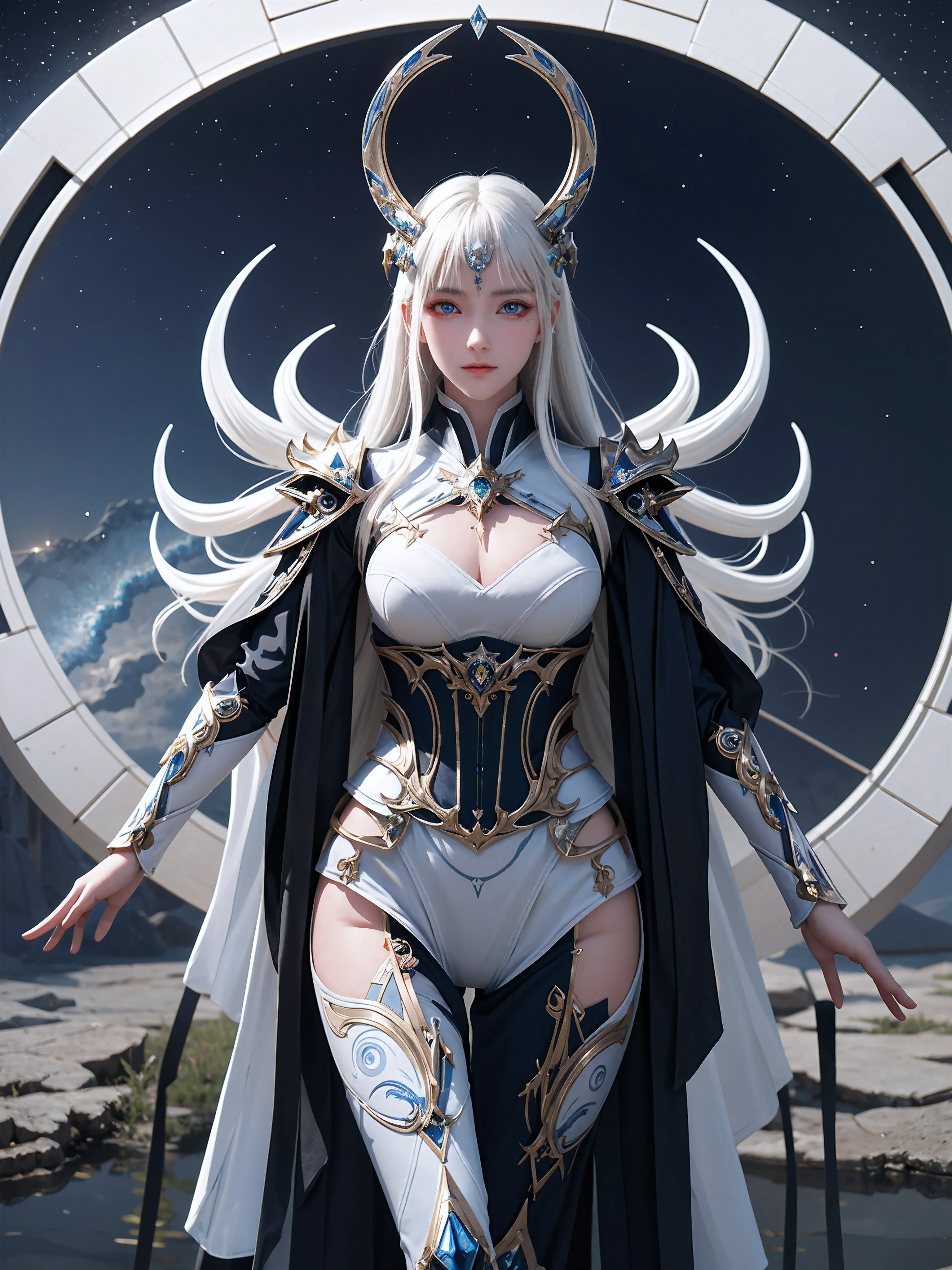 masterpiece,best quality,ultra-detailed,very detailed illustrations,extremely detailed,intricate details,highres,super complex details,extremely detailed 8k cg wallpaper,cowboy shot, caustics,reflection,ray tracing,demontheme,nebula,dark aura,cyber effect, (1girl:1.4),solo,alone,mecha musume,mechanical parts, robot joints,single mechanical arm, headgear, mechanical halo,star halo,intricate mechanical bodysuit, mecha corset, kimono, full armor, very long hair,white hair, hair between eyes, multicolored hair, colored inner hair, red eyes,glowing eye,eye trail, random expressions,random action, ancient japanese architecture,pond, starry sky,skyline,