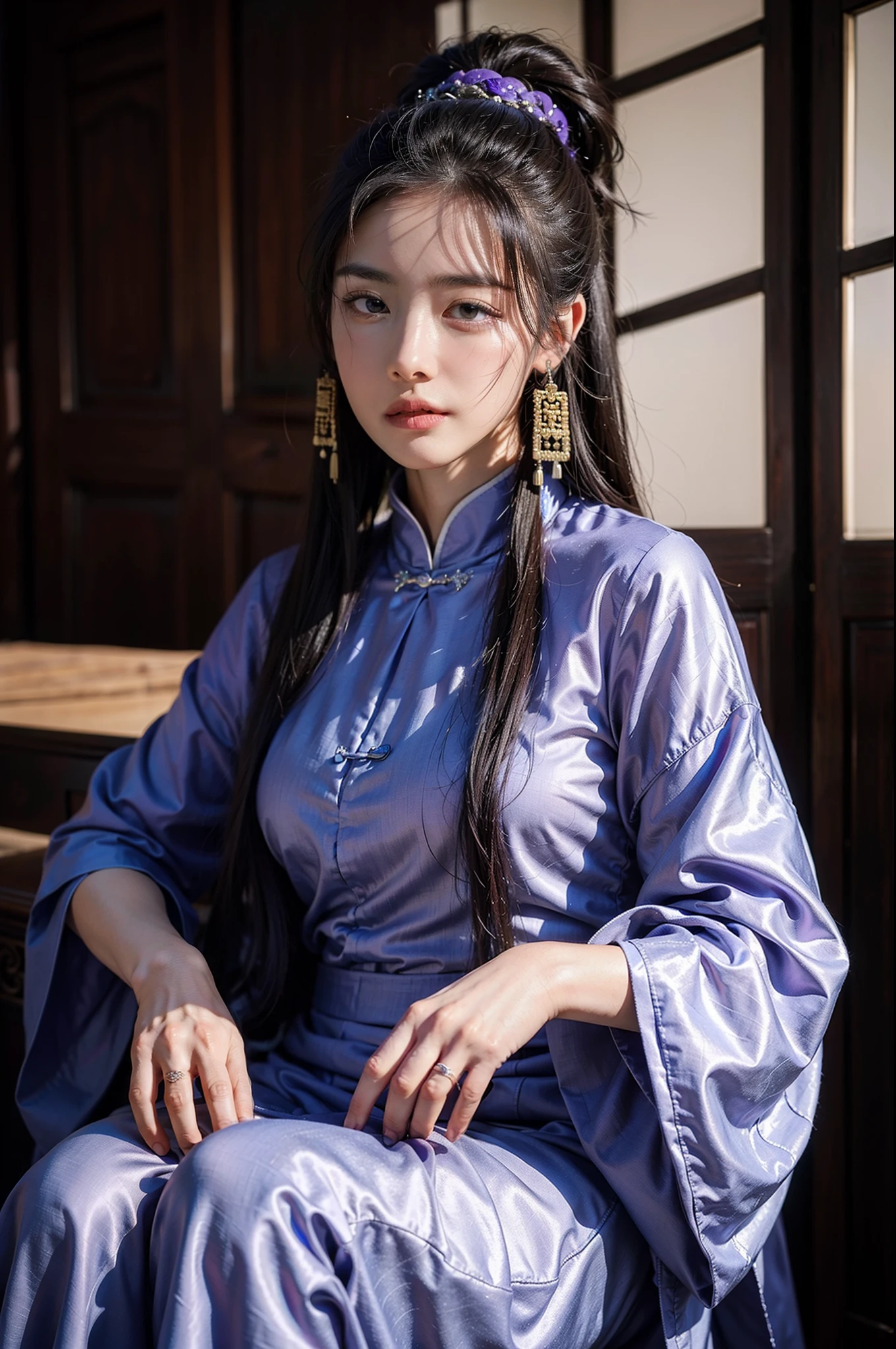 An ancient Chinese beauty, Yingluo Huanpei, dignified temperament, flowing long skirt, clear face, beautiful eyes, purple myrtle, masterpiece, super detailed, epic composition, super HD, high quality, highest quality, 32k