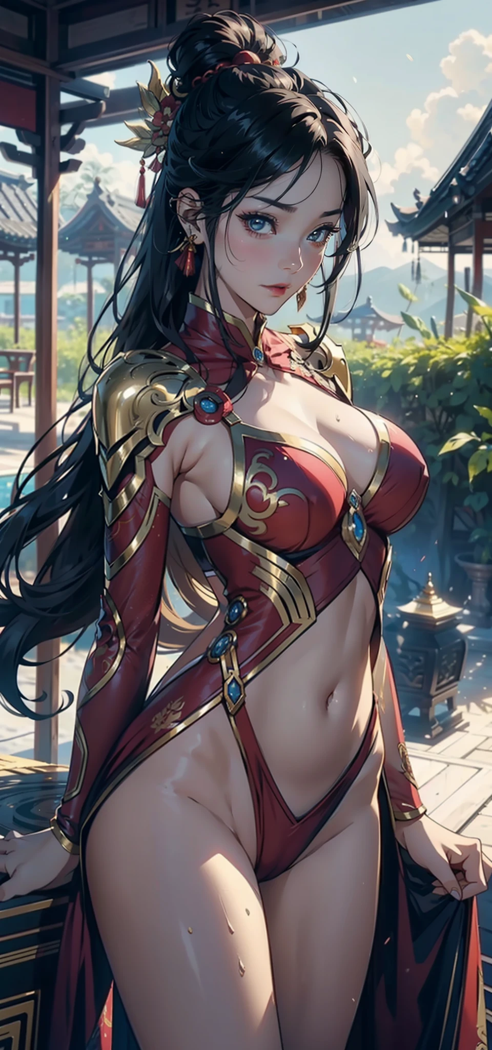 1womanl,36 years old,熟妇,mature,Bigchest,Big breasts Thin waist,long leges,Raised sexy,Pornographic exposure, standing on your feet(Background with:bamboo forrest,at winter season,Snow on the ground,NOWAI) She has short black hair,dynamicposes,Sweat profusely,drenched all over the body,seen from the front, hair straight, mostly cloudy sky,(((tmasterpiece),(Very detailed CG unity 8K wallpaper),best qualtiy,cinmatic lighting,detailed back ground,beatiful detailed eyes,Bright pupils,(Very fine and beautiful),(Beautiful and detailed eye description),Black eyes,Redlip,ultra - detailed,tmasterpiece,)),facing at camera,(The upper part of the body),A high resolution,ultra - detailed),revealing breasts,Bare genitalia, Bulge,legs are open,sexyposture,Camel toes,Flushed complexion,Open-mouthed,frontage,Gold Saint Seiya,Lotus hair ornaments,(Wearing:Red cheongsam,Armour,Gold wire embroidery,Iron Man uniform)