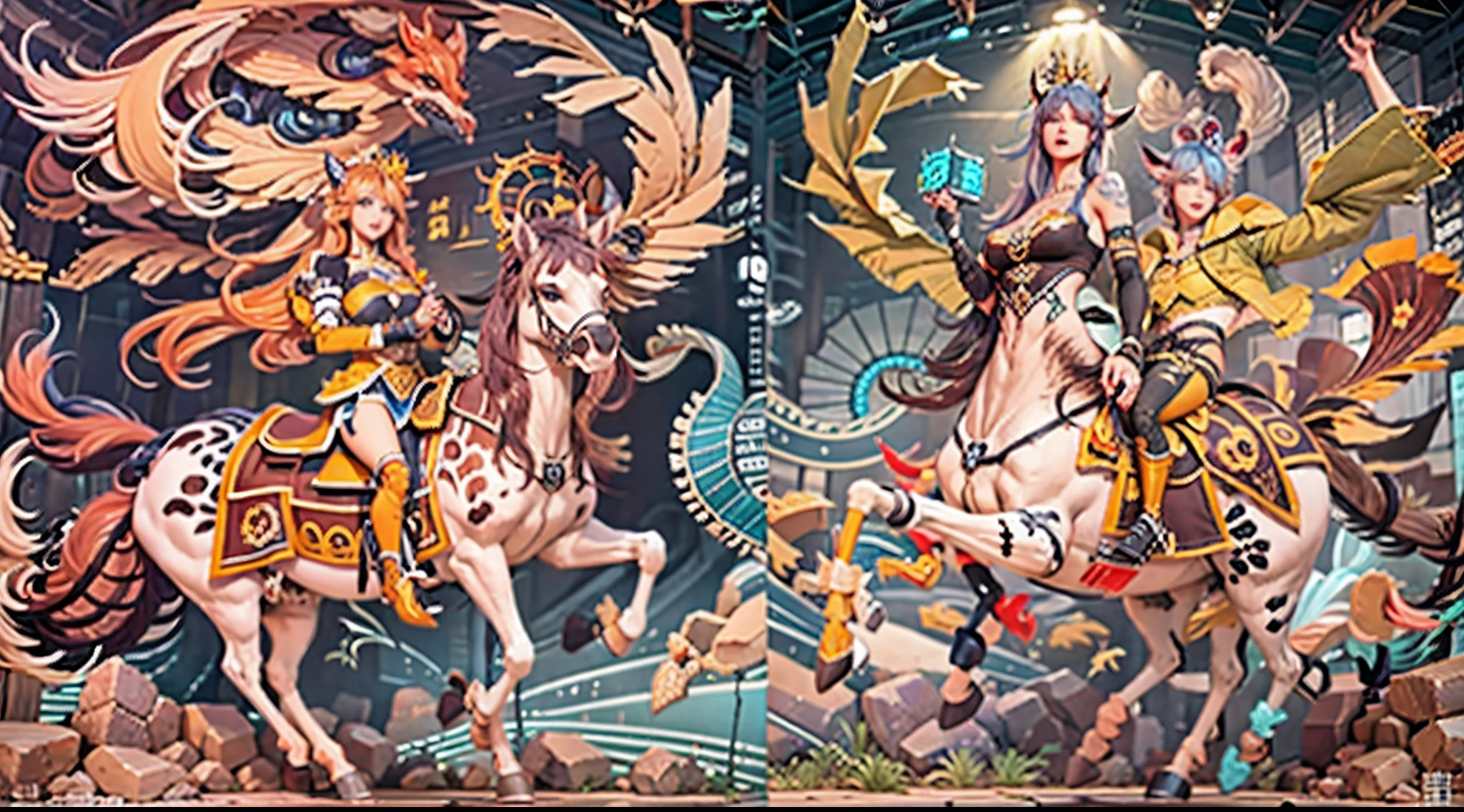 In the beautiful illustration of this super-grand scene，The ultra-long-range lens is shown（Eight unique centaur characters：9.9），They all have their own characteristics，Vivid and interesting。Radiant angelic centaurs from the heavenly realm，To the hellish centaurs surrounded by nightmarish flames，And then to the Wind Immortal Centaur dancing in the air，There are also one-horned centaurs surrounded by thunder and lightning，and mechanical centaurs that shine with metallic light，And then to the powerful dragon centaur with colored dragon scales covering the whole body，The elegant and agile elf centaur always wears a flower crown with its slender and graceful lines，Enchanting and charming Tiflin centaurs。Each character has their own unique charms and abilities。The illustration uses advanced artistic techniques and tools，（Divide the scene into sections by geometric arrangement：9.9），Each section corresponds to a centaur character，This makes more efficient use of space。Through Midjourney's advanced brush tools、Color palette、Material packs and model packs，Exquisite costumes and equipment are designed for each centaur，Enhances the character's personality and visual appeal。The scenery in the illustrations is stunning，There are changing skies、rainbowing、extreme light、Stars and Moon。Incorporating iconic landmarks such as Mount Everest，and fireworks、tranquil lake、Natural and urban elements of waves and neon lights，Creates a magical atmosphere。The centaurs showed off their skills and equipment in a variety of environments，This is true even in extreme alien landscapes。（Use Midjourney's tools、Material packs、Texture tools、The color palette makes depicting details vivid and realistic：9.9），From intricate hairstyles and clothing to authentic textures，Enhances the realism of the characters and surroundings。The fusion of multiple art styles adds movement to the centaur's movement at all angles，The overall visual experience is further enriched。The final illustration was described as a "mast