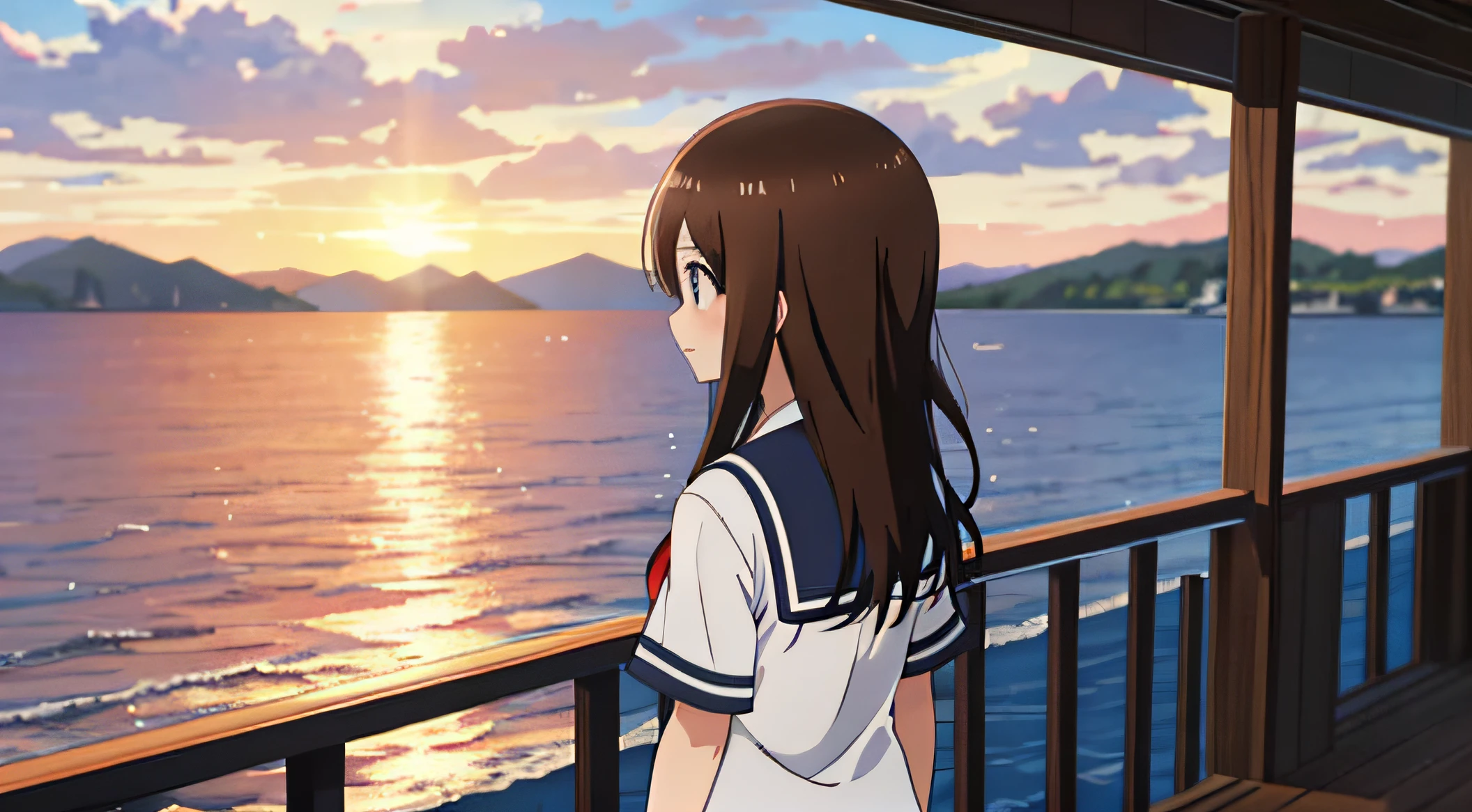 Masterpiece, Best quality, takagi1, 1girll, Long hair, bangs, shirt, Black hair, short- sleeved, school uniform, 鎖骨,White shirt, serafuku, solofocus, Sailor collar, Depth of field, The background is blurred out, From_Side, red neckchief,Have by the sea,Rear view view,Facing the sea,His expression was solemn,leaning against the railing,Sunset,Clouds dotted