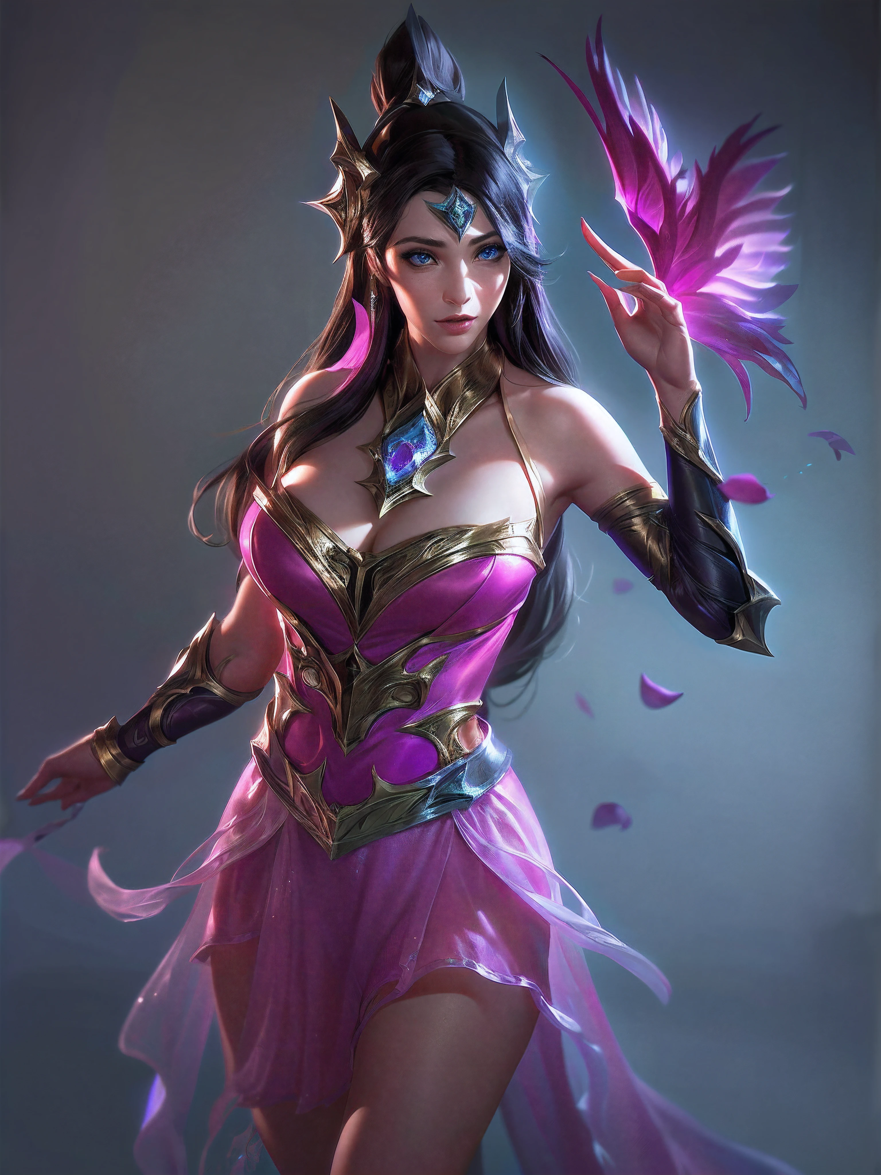 (League of Legends:1.5), 1girll, Long hair, Solo, dress, petals, hair adornments, Pink dress, Brown hair, Bare shoulders, Black hair, Very long hair, light yarn, jewelry, See-through, Bare shoulders
High resolution,An extremely delicate and beautiful,Huge_filesize,(Realistic, photo-realistic:1.57),(8K, RAW photo, Best quality, Masterpiece:1.2),(Ultra-detailed:1.4),detailed beautiful skin,Detailed skin texture,glistning skin,Cinematic lenses,Detailed light,Cinematic lighting,