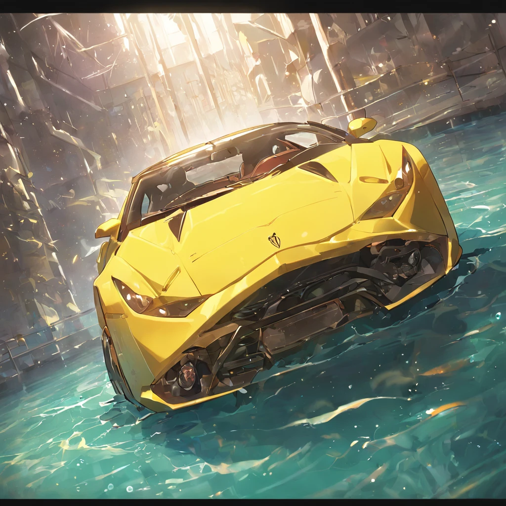 Yellow lamborguini car,five star hotel in background,part of swiming pool in right to the car