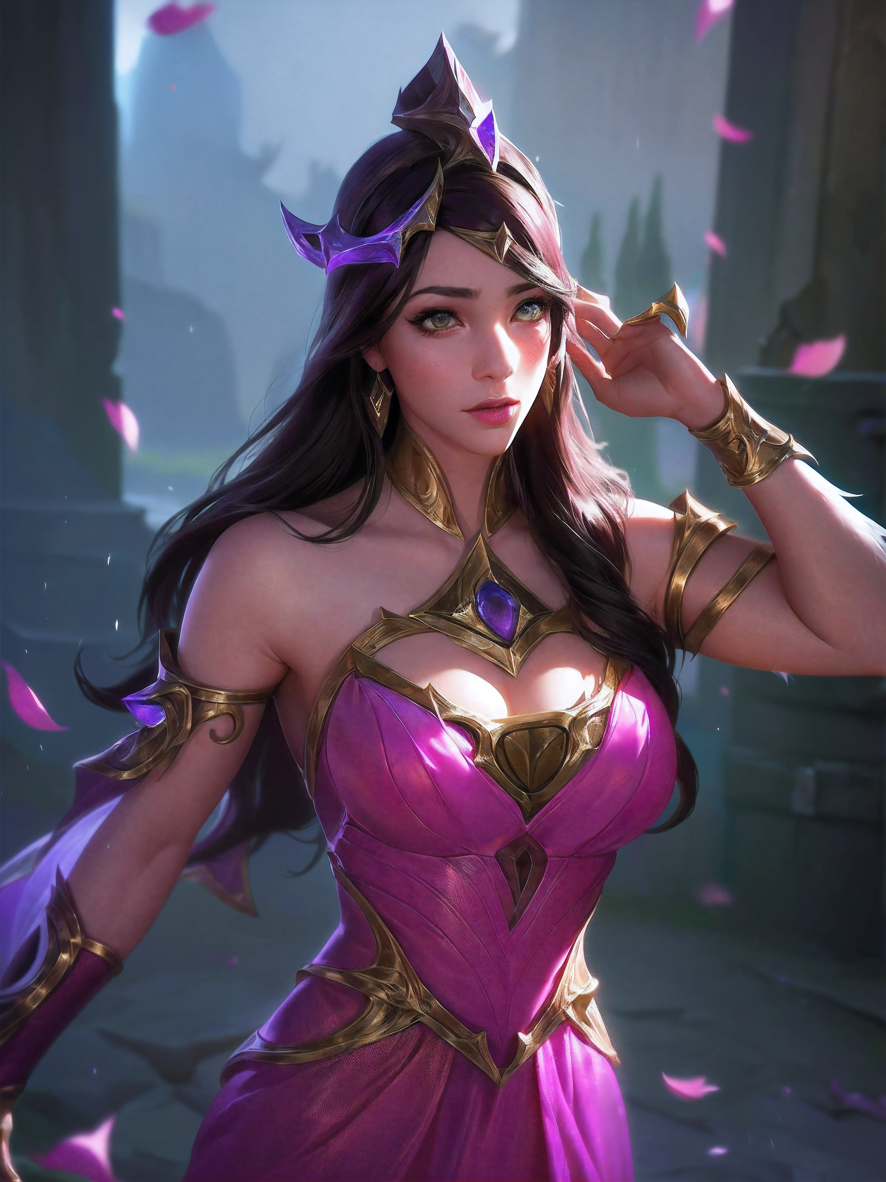 (League of Legends:1.5), 1girll, Long hair, Solo, dress, petals, hair adornments, Pink dress, Brown hair, Bare shoulders, Black hair, Very long hair, light yarn, jewelry, See-through, Bare shoulders
High resolution,An extremely delicate and beautiful,Huge_filesize,(Realistic, photo-realistic:1.57),(8K, RAW photo, Best quality, Masterpiece:1.2),(Ultra-detailed:1.4),detailed beautiful skin,Detailed skin texture,glistning skin,Cinematic lenses,Detailed light,Cinematic lighting,