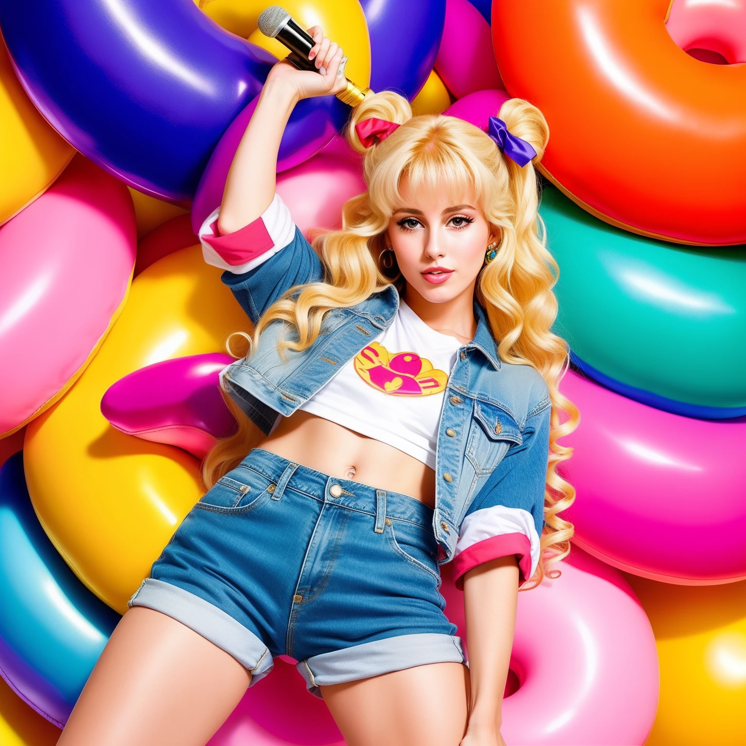 "(Mature and realistic portrayal:1.2) Sailor Moon exuding confidence as she holds a microphone, her blonde hair cascading down, adorned in stylish rainbow denim clothes from the 2000s, with a backdrop filled with donuts."