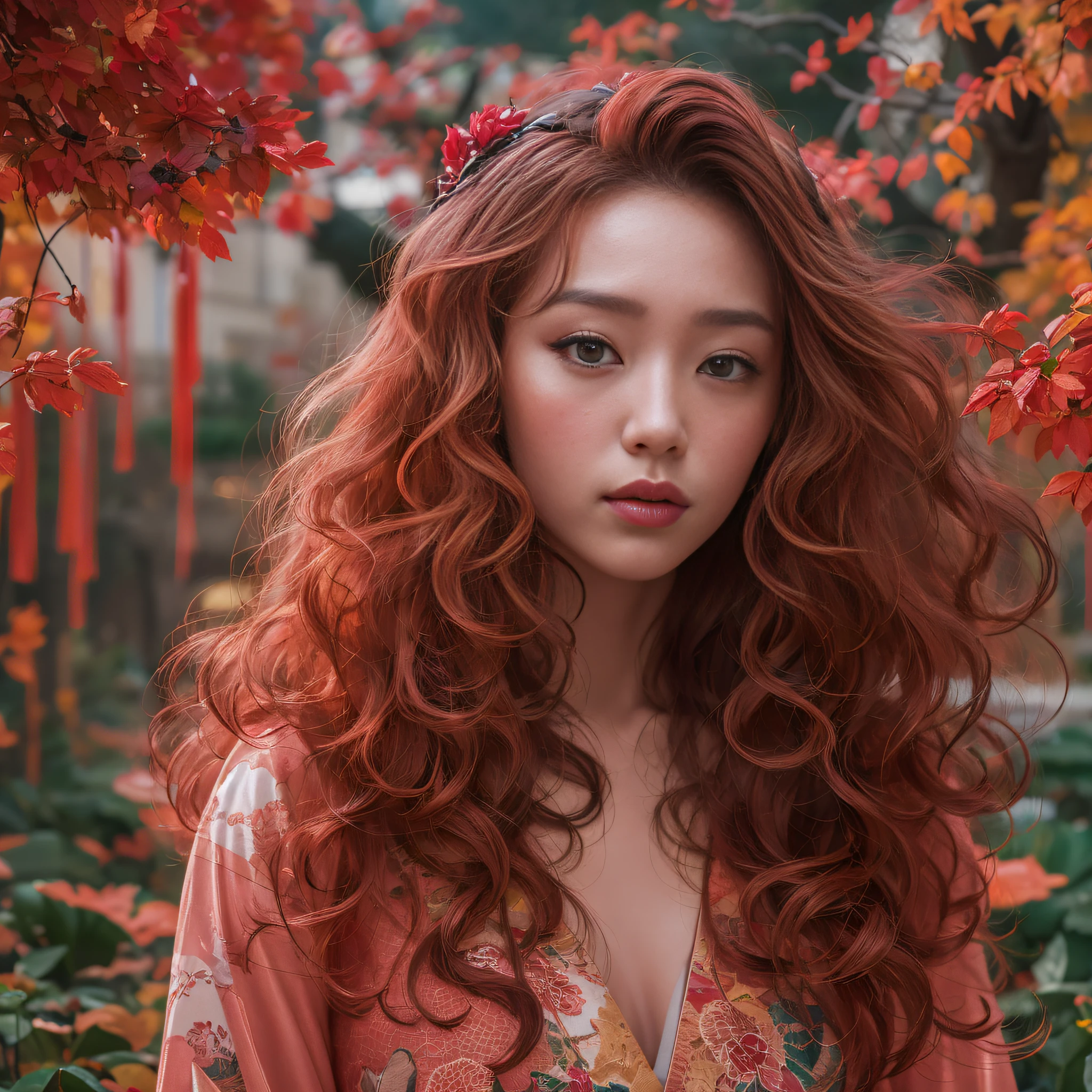32K(tmasterpiece,k hd,hyper HD,32K)Large flowing curls,Flowing rouge,ponds,zydink, a color, Asian people (Silly girl), (Silk scarf), Combat posture, looking at the ground, Large rolls of rouge, Flowing rouge curls, Crocodile skin skull headdress, Chinese long-sleeved clothing, (abstract ink splash:1.2), Pink lotus background,Water lily flower protector(realisticlying:1.4),Rouge hair,Autumn is in full swing,The background is pure, A high resolution, the detail, RAW photogr, Sharp Re, Nikon D850 Film Stock Photo by Jefferies Lee 4 Kodak Portra 400 Camera F1.6 shots, Rich colors, ultra-realistic vivid textures, Dramatic lighting, Unreal Engine Art Station Trend, cinestir 800,Large curls,Flowing rouge