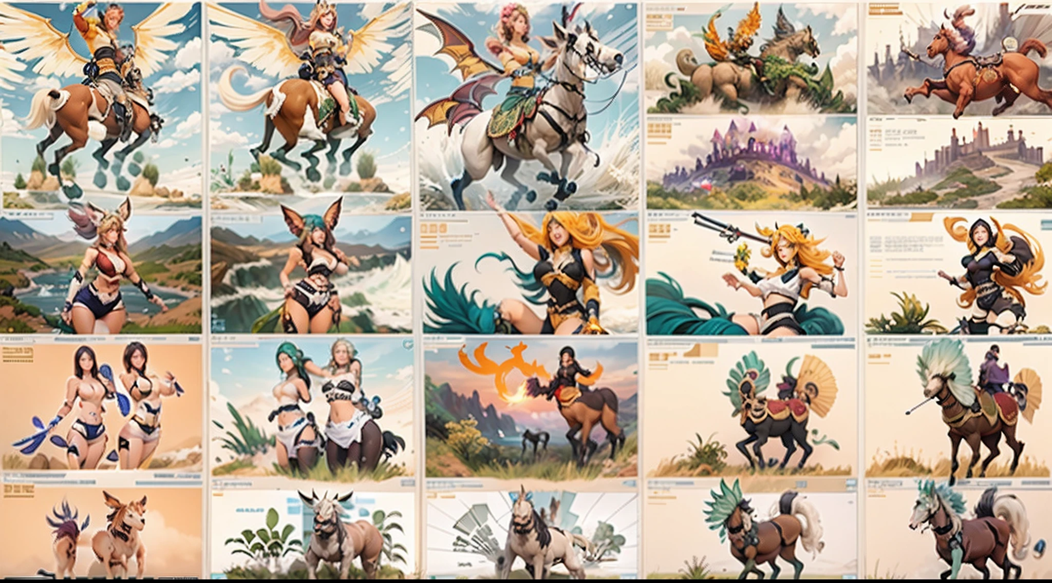 In the beautiful illustration of this super-grand scene，The ultra-long-range lens is shown（Eight unique centaur characters：9.9），They all have their own characteristics，Vivid and interesting。Radiant angelic centaurs from the heavenly realm，To the hellish centaurs surrounded by nightmarish flames，And then to the Wind Immortal Centaur dancing in the air，There are also one-horned centaurs surrounded by thunder and lightning，and mechanical centaurs that shine with metallic light，And then to the powerful dragon centaur with colored dragon scales covering the whole body，The elegant and agile elf centaur always wears a flower crown with its slender and graceful lines，Enchanting and charming Tiflin centaurs。Each character has their own unique charms and abilities。The illustration uses advanced artistic techniques and tools，（Divide the scene into sections by geometric arrangement：9.9），Each section corresponds to a centaur character，This makes more efficient use of space。Through Midjourney's advanced brush tools、Color palette、Material packs and model packs，Exquisite costumes and equipment are designed for each centaur，Enhances the character's personality and visual appeal。The scenery in the illustrations is stunning，There are changing skies、rainbowing、extreme light、Stars and Moon。Incorporating iconic landmarks such as Mount Everest，and fireworks、tranquil lake、Natural and urban elements of waves and neon lights，Creates a magical atmosphere。The centaurs showed off their skills and equipment in a variety of environments，This is true even in extreme alien landscapes。（Use Midjourney's tools、Material packs、Texture tools、The color palette makes depicting details vivid and realistic：9.9），From intricate hairstyles and clothing to authentic textures，Enhances the realism of the characters and surroundings。The fusion of multiple art styles adds movement to the centaur's movement at all angles，The overall visual experience is further enriched。The final illustration was described as a "mast