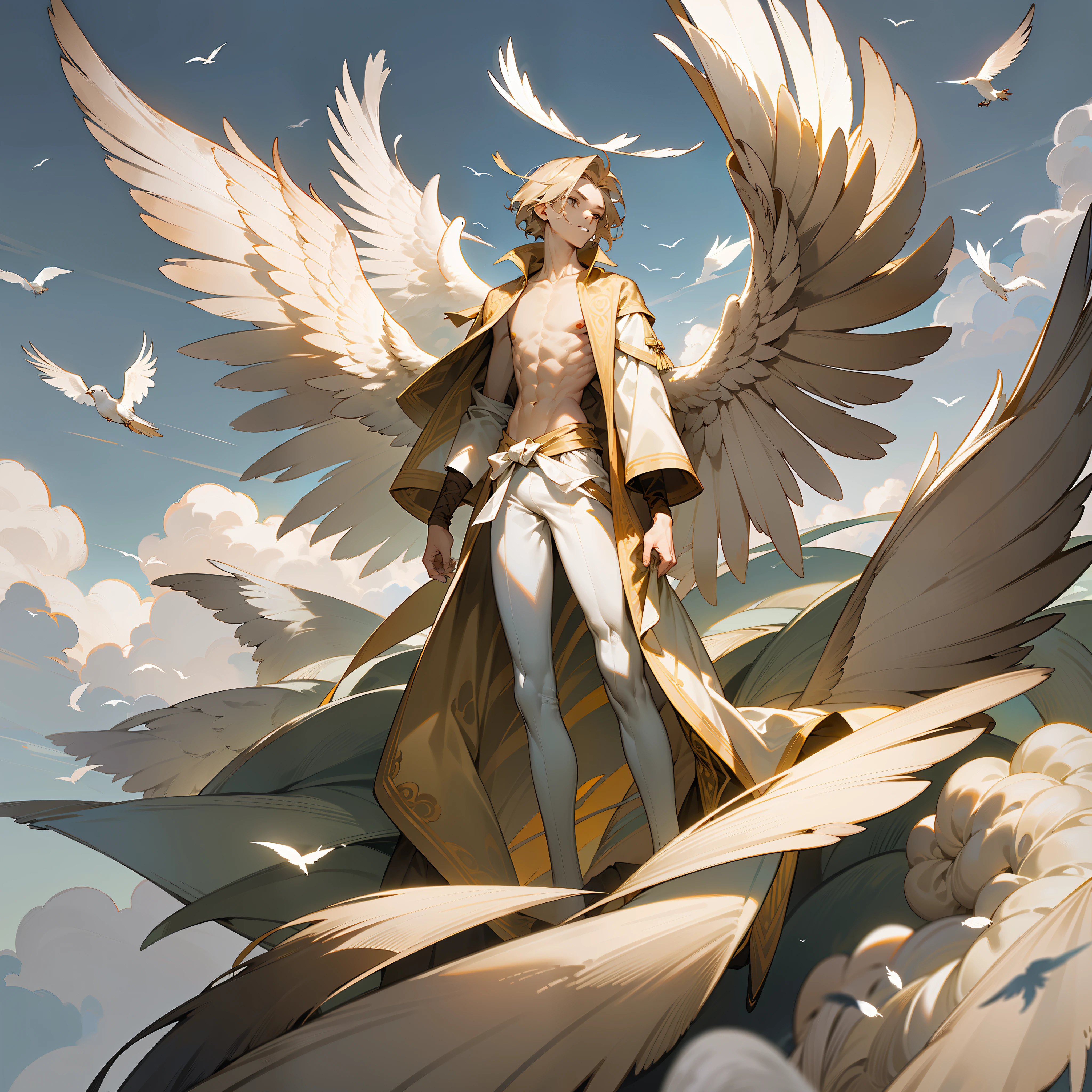 young man, (twink), (male), (((slim body))), (((flat chest))), slim waist, ((pale skin)), ((beige colored hair)), (((beige hair))), ((beige feathers)), ((brown feathers)), white feathers, (birds), owls, doves, ((standing on top of a tall mountain)), white ribbons wrapped around body, transparent fabric, weariny only white fabric and feathers, feathered god, ((wings on his back)), clouds below, "Hikers above the sea of fog"