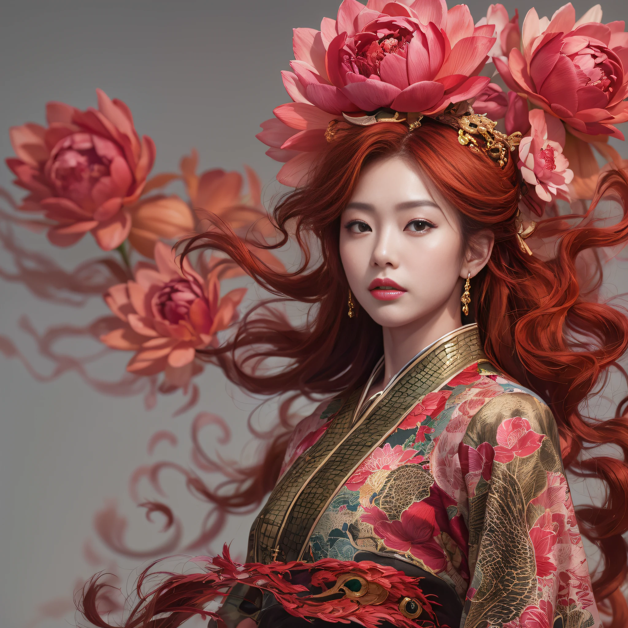32K(tmasterpiece,k hd,hyper HD,32K)Large flowing curls,Flowing rouge,ponds,zydink, a color, Asian people (Silly girl), (Silk scarf), Combat posture, looking at the ground, Large rolls of rouge, Flowing rouge curls, Crocodile skin skull headdress, Chinese long-sleeved clothing, (abstract ink splash:1.2), Pink lotus background,Water lily flower protector(realisticlying:1.4),Rouge hair,Autumn is in full swing,The background is pure, A high resolution, the detail, RAW photogr, Sharp Re, Nikon D850 Film Stock Photo by Jefferies Lee 4 Kodak Portra 400 Camera F1.6 shots, Rich colors, ultra-realistic vivid textures, Dramatic lighting, Unreal Engine Art Station Trend, cinestir 800,Large curls,Flowing rouge