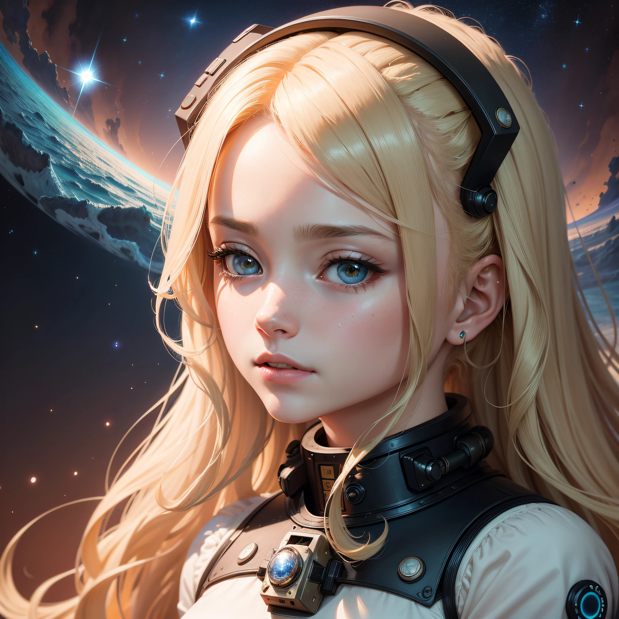 Os adesivos,Detailed portrait of a hopeful beautiful astronaut woman with wavy blonde hair,negar:automata inspired,bravely default inspired,Vibrating cosmic schema, mas sombrio, mas edificante,Fundo da nebulosa espacial,liso,cores fortes,Expressionismo