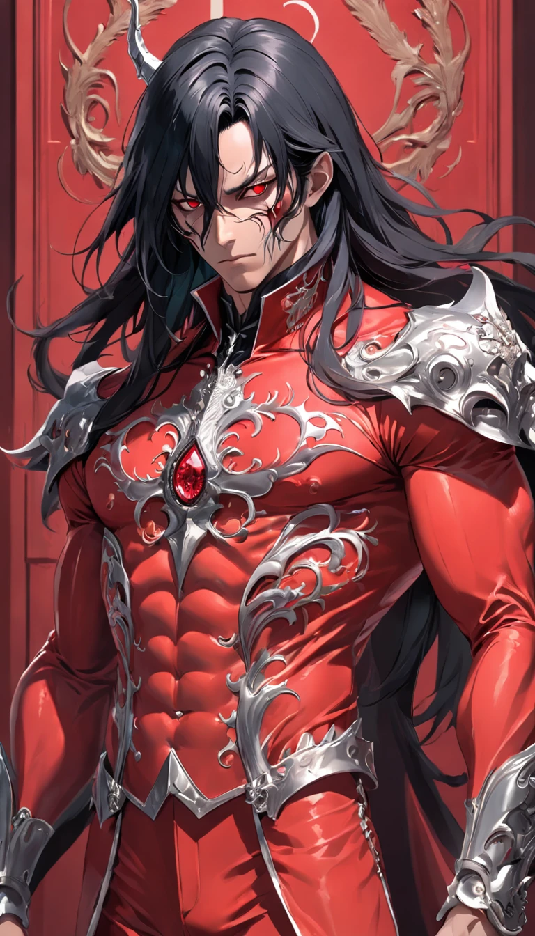 A man with long black hair in a red rococo-style suit with silver details and a devil mask,Estilo Darkwave,retrato de medio cuerpo,centrado,HDR,8k,hiperrealista,hermoso estudio de luz suave,detalles vibrantes,anatomical,elegante,foco nítido,foto de estudio,tendencias en artstation,hiper detallado,