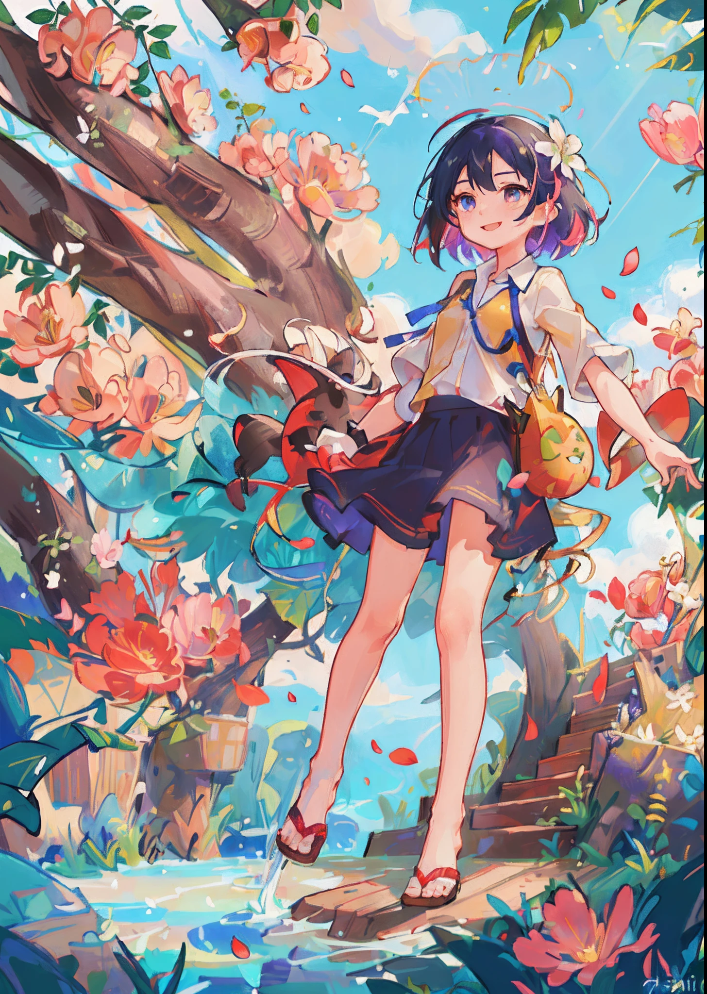 (best quality),(masterpiece:1.2), (highres), (extremely detailed), (highly detailed face), (highly detailed eyes), whole body, 1girl, (solo) , radiance, small breasts, (colorful hair:1.2) ,(colorful eyes), double tail, (falling petals:1.2), short hair, shirt, skirt, leg, foot, sky, wood, plants, ((stair)), sandal, cloud, summer sky, ((smile face)) blush