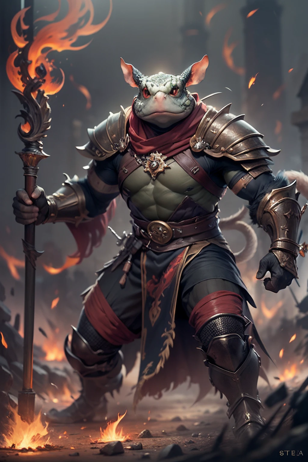 （anthropomorphic turtle），（Rat warriors：1.4），coda，a tall body，Stout limbs，disdain，ran，tosen，The long hairs of the flame fluttered in the wind，combats，Dynamic lines，Dimly lit battlefield，Ruined castle，（stereoscopic perspective：1.4），Works of masters，super-fine，4K分辨率，high qulity，电影灯光，High picture detail，Detailed pubic hair，Epic shooting，Clearly focused hair，Detailed hair depiction，acurate