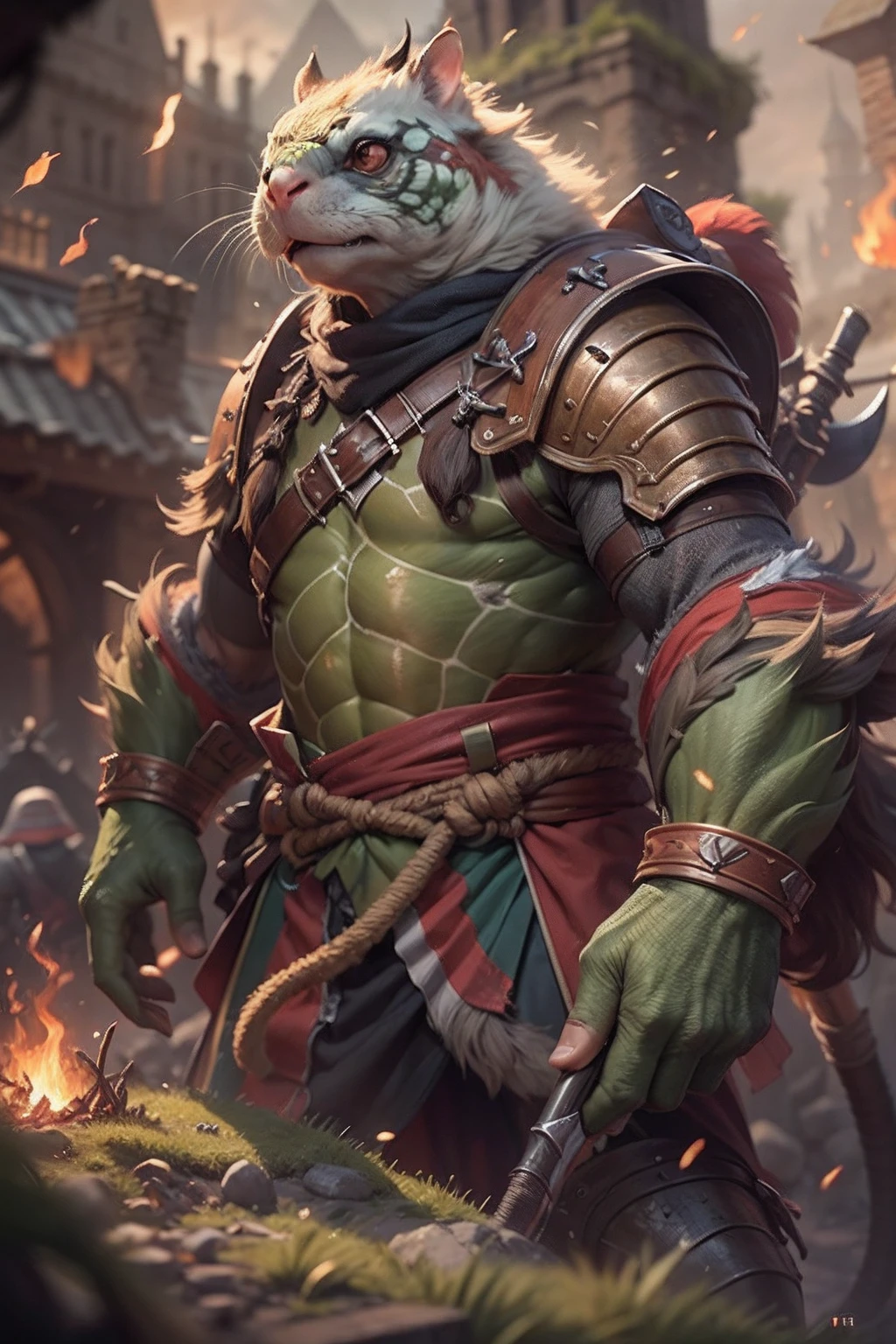 （anthropomorphic turtle），（Rat warriors：1.4），coda，a tall body，Stout limbs，disdain，ran，tosen，The long hairs of the flame fluttered in the wind，combats，Dynamic lines，Dimly lit battlefield，Ruined castle，（stereoscopic perspective：1.4），Works of masters，super-fine，4K分辨率，high qulity，电影灯光，High picture detail，Detailed pubic hair，Epic shooting，Clearly focused hair，Detailed hair depiction，acurate
