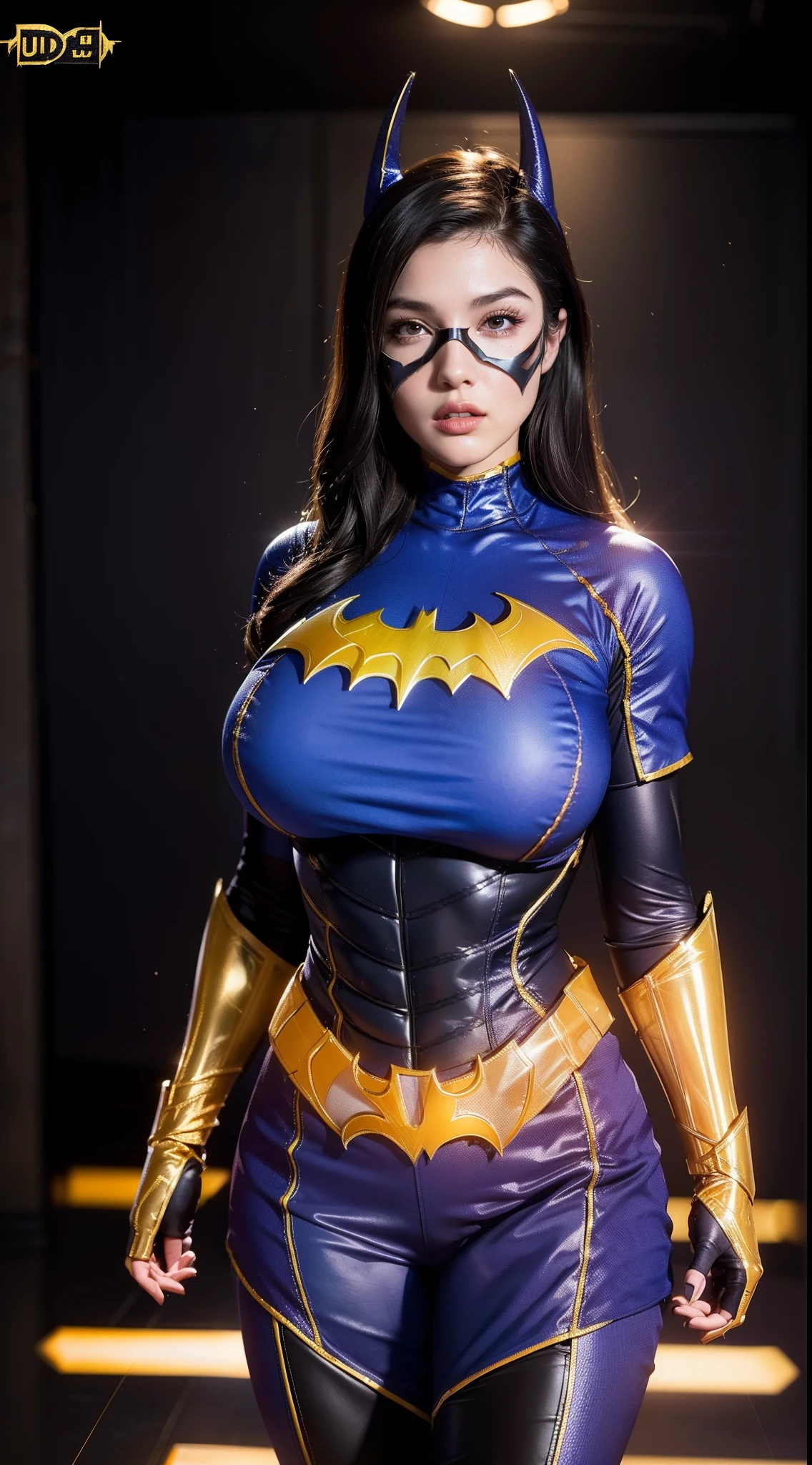 Woman body set largest breasts:1.3, (muscular body), batgirl dc costume dress, depth of field, cinematic lighting, best quality, HD, 16k, anatomically correct, masterpiece, high quality