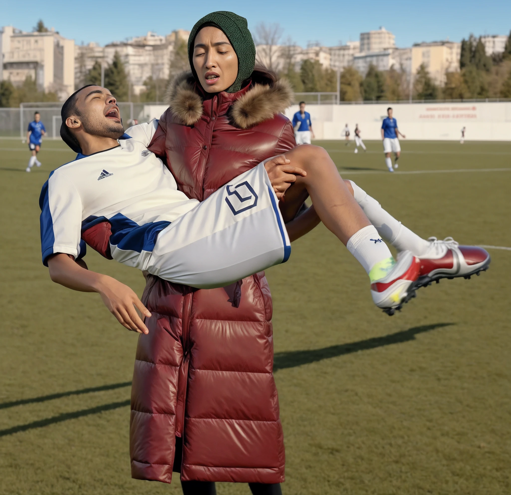 glossy laquered coat, brown patent leather coat, screaming in pain, accident, carrying an injured sportsman, agonised face, distorted face, shouting out in horror, screaming, pain, pity, they are playing soccer on the field with a woman in a coat, aykut aydogdu, soccer action pose, affection pose, lecherous action pose, dramatic action pose, theatralic pose, there is an attractive woman that is carrying a skinny man, there is a beautiful woman in a shiny coat who is carrying a blond man in her arms, a longhaired beautiful woman in a high-shine black puffy coat, a longhaired woman in a shiny downcoat, a woman is carrying a shorthaired man who is wearing matte cotton shorts and a matte cotton t-shirt, a weak man in matte cotton sports shorts is consciousless and needs to be carried, a shorthaired man with closed eyes is carried in the arms of a longhaired woman, a woman looks very scared and terrified, a consciousless man with closed eyes is suffering very much and has a very painful face, photo, photo shoot, photographed , accident, help, aid, first aid, pity, internet meme, 🇺🇦, realistic picture, emir, meme format