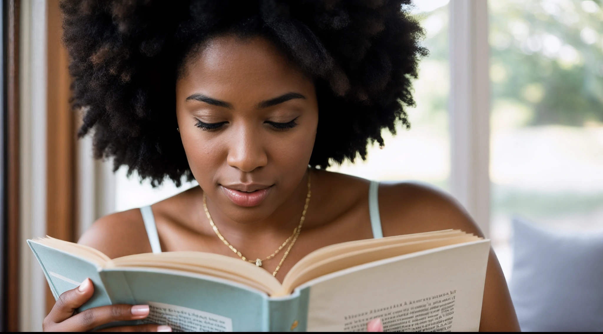 instagram photo, closeup face photo, The enchanting moment when a afro american woman loses herself in the pages of literature, her expressions echoing the stories she embraces, Nikon D850 with 50mm f/1.4 lens, soft natural light, candid literature photography.