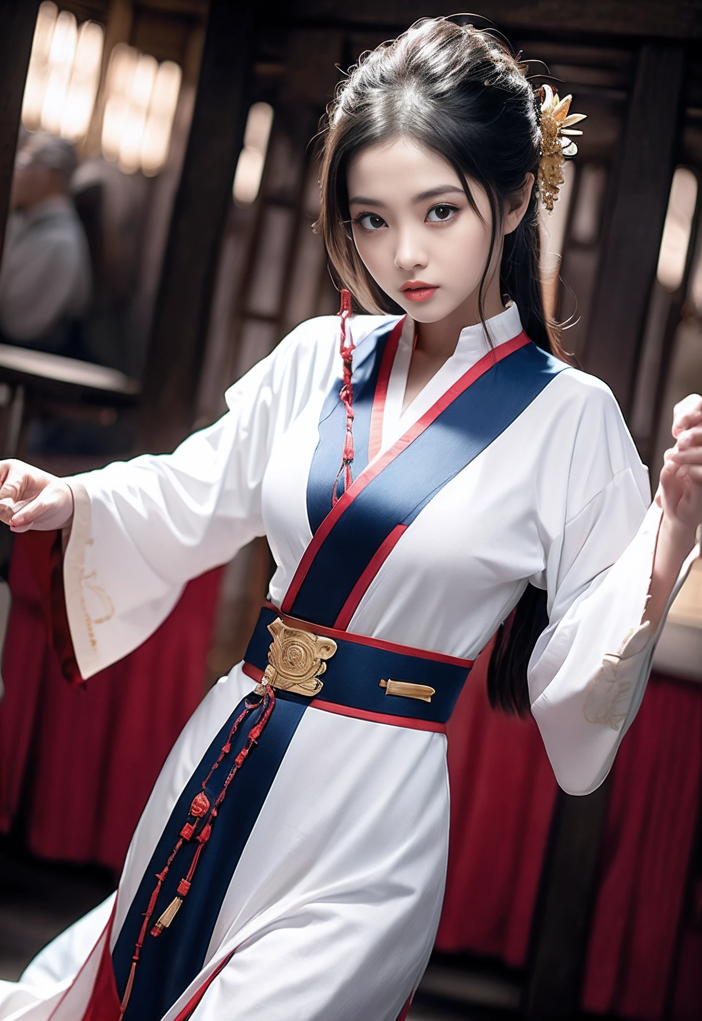 (1 Korean star with royal sister style), ((best quality, 8k, Masterpiece: 1.3)), Focal Point: 1.2, perfect body proportions: 1.4, (Make a smile), watery eyes, Facial Textur and C
