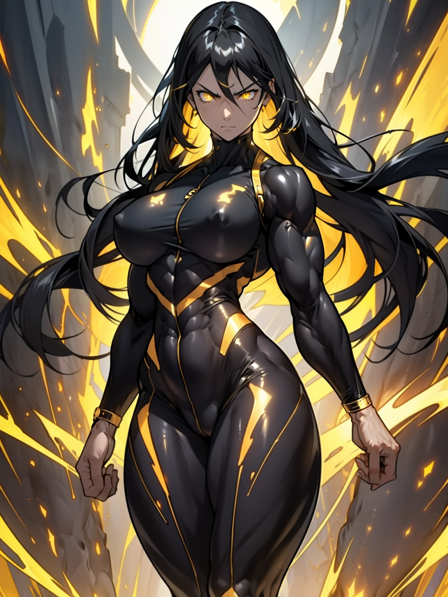 ((1 girl)), solo, black hair, extremely long hair, yellow eyes, (angry), pale skin, (((((((muscular))))))), ((thick thighs)), ((huge breasts)), (((black and golden body suit))), (((wide hips))), (shiny skin), dark atmosphere, shadow, (((glowing aura)))