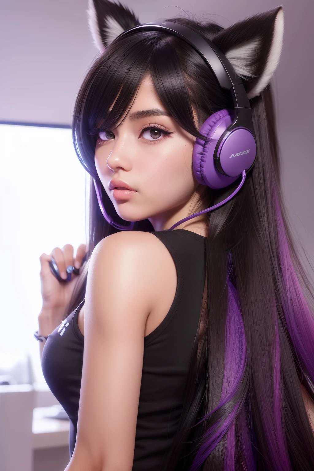 gaming girl with animal ear headphones on, black long hair, brown skin, purple lens eyes, beautiful face, home background,