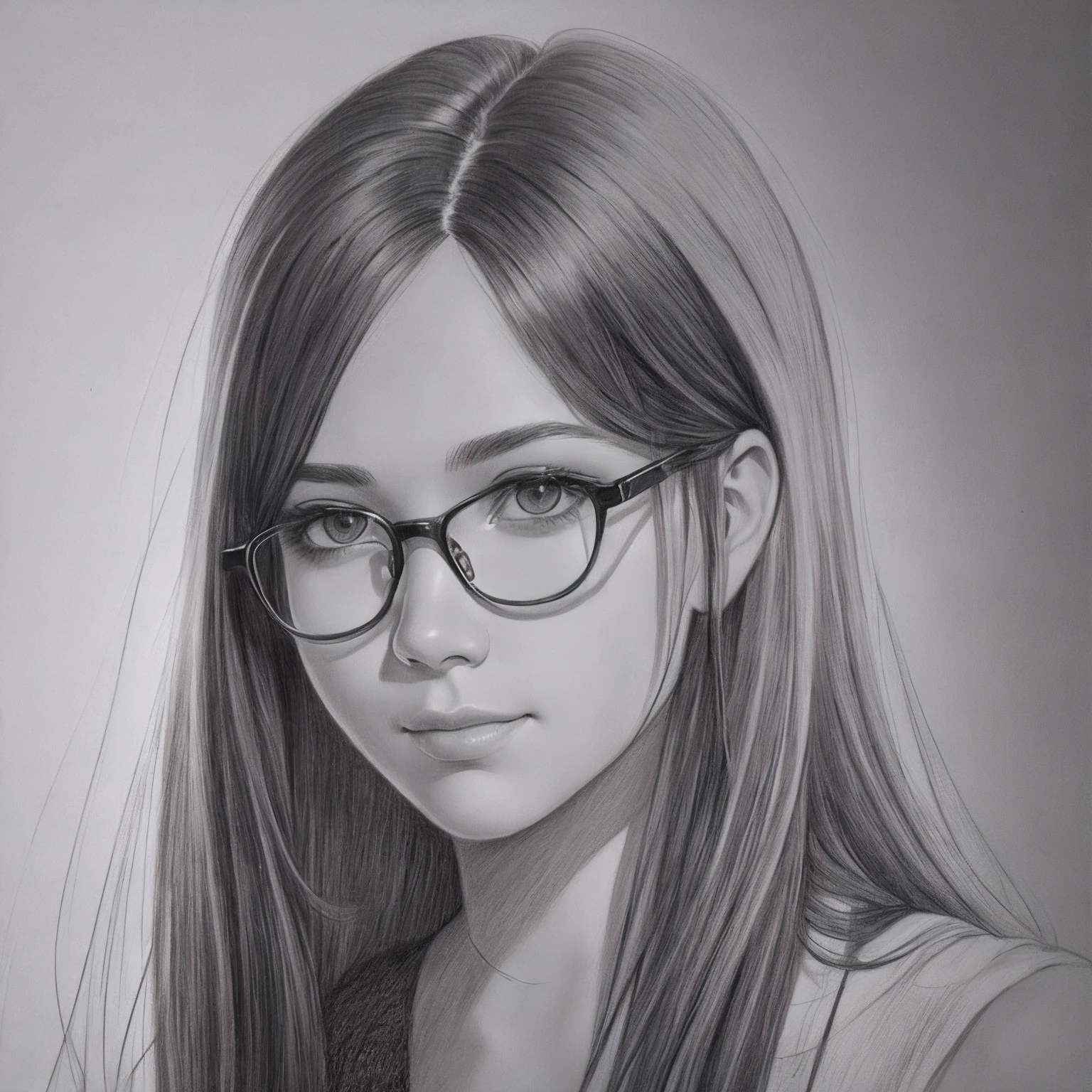 a pencil drawing of a realistic portrait of a young person, fair skin, long nose straight hair wearing glasses, serene expression. Explore the play of light and shadow to highlight facial details. Use smooth, precise strokes to create textures and capture the essence of life experience. --auto --s2