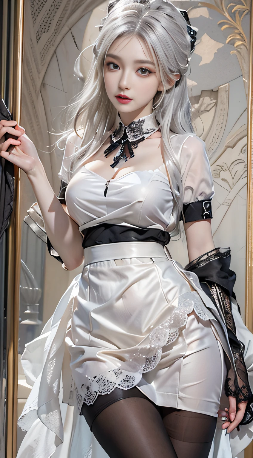 Photorealistic, High resolution, 1womanl, Solo, hips up high, view the viewer, (Detailed face), White hair, Long hair, maid clothes, Jewelry、(((Raise the skirt to the chest)))、((Black lace panties visible))