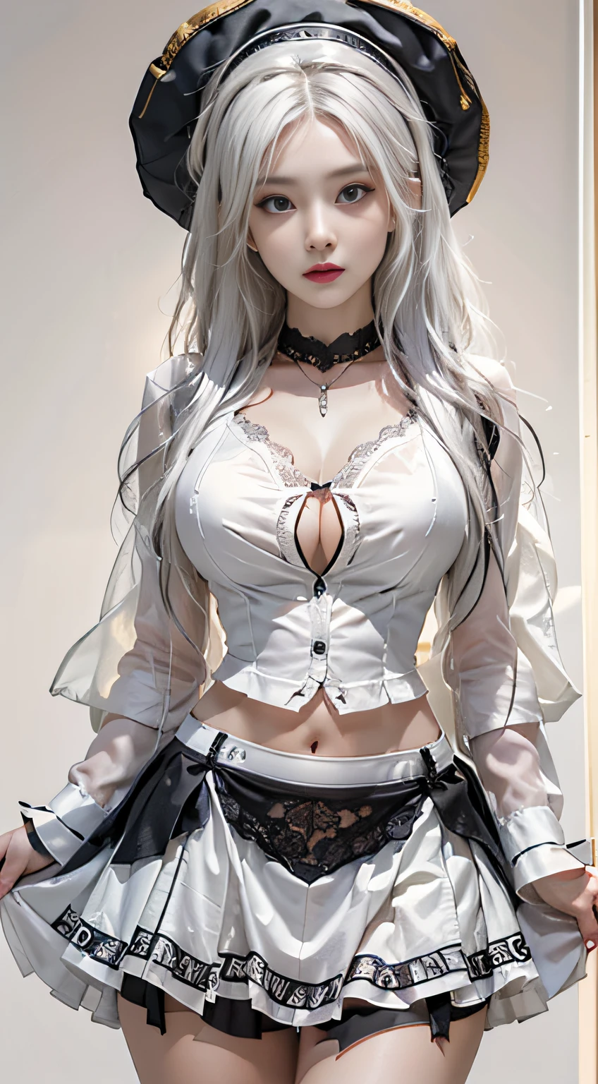 Photorealistic, High resolution, 1womanl, Solo, hips up high, view the viewer, (Detailed face), White hair, Long hair, maid clothes, Jewelry、(((Raise the skirt to the chest)))、((Black lace panties visible))