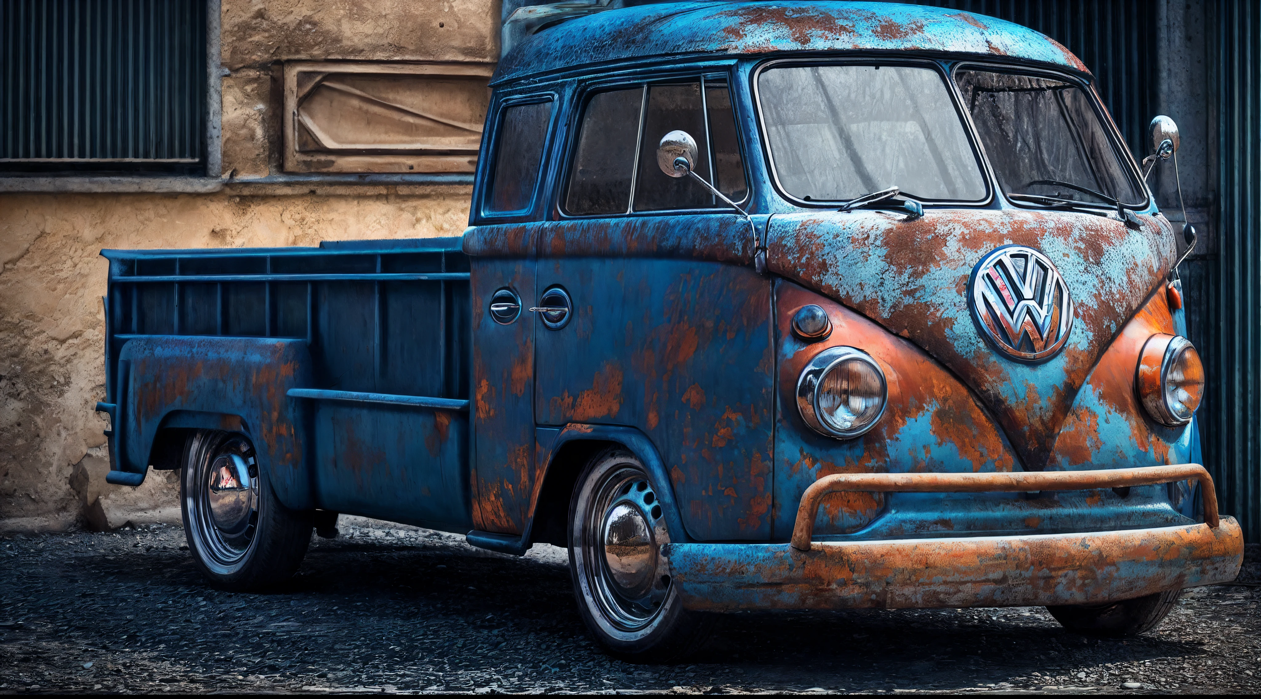 An intricate image of an old blue volkswagen pickup truck is parked by the garage, in the style of clean and streamlined, staining, i can't believe how beautiful this is, smooth and polished, gray and amber, rounded, expansive --ar 3:2 --style raw , micro-details, photorealism, one light, dark photo, deep shadows, shallow depth of field, photorealistic, Surrealism, high quality, masterpiece, 8k, 8k, super detail,