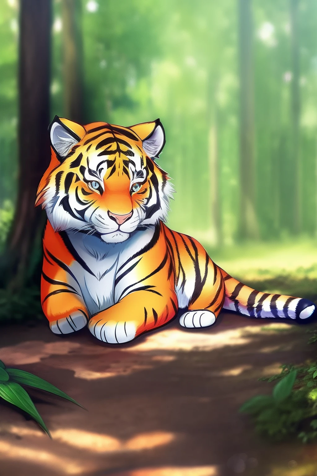 Colorful cute little tiger in magical forest, largeeyes, Render in ultra-realistic detail, Sharp, High-quality details, 85mm