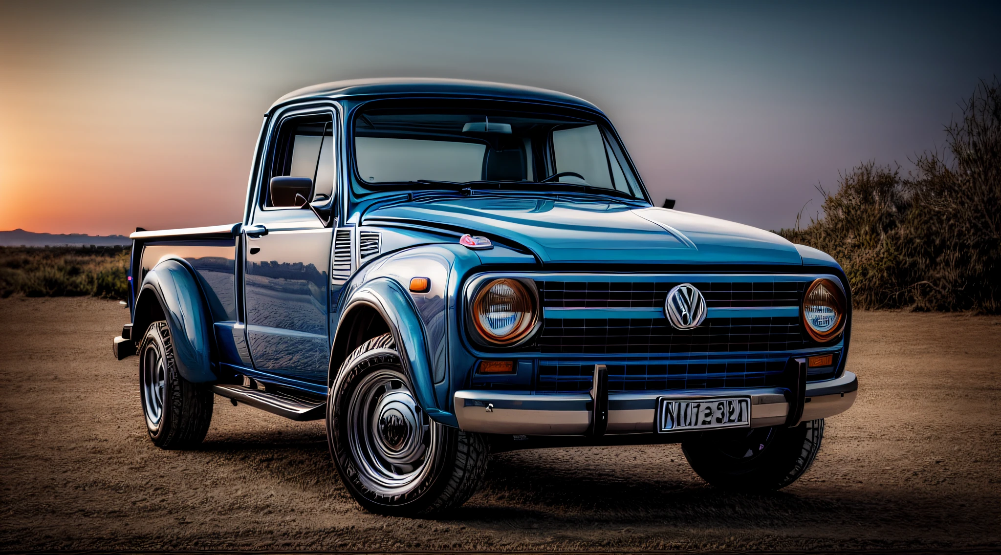 An intricate image of an old blue volkswagen pickup truck is parked by the garage, in the style of clean and streamlined, staining, i can't believe how beautiful this is, smooth and polished, gray and amber, rounded, expansive --ar 3:2 --style raw , micro-details, photorealism, one light, dark photo, deep shadows, shallow depth of field, photorealistic, Surrealism, high quality, masterpiece, 8k, 8k, super detail,