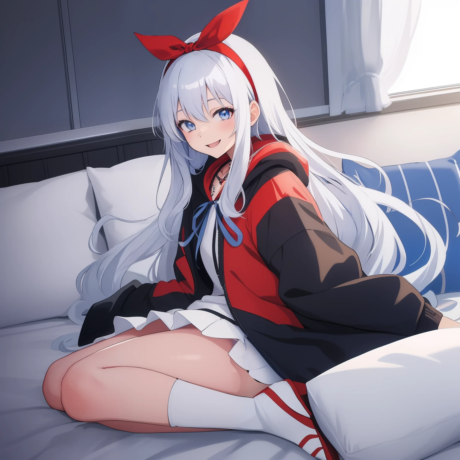 1 woman, fullbody, loose parka, hood up, white hair, blue eye, long hair, ribbon, happy, smile, 18 year old, dynamic angle, blue hairband, bed room, hentai, red necklace