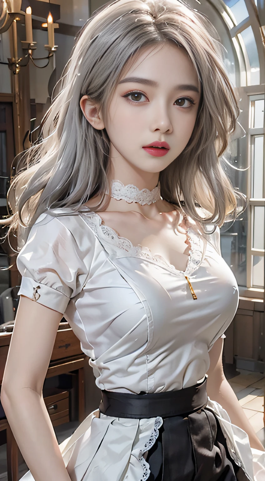 high quality, Rich in details, Silver-haired girl with twin ponytails posing cutely. They wear retro gothic clothes, put on bracelet, earrings and necklaces. you can even see it. The photo is a close-up of the face, There is cleavage, shiny breasts, cleavage sweating, and sexy breath.