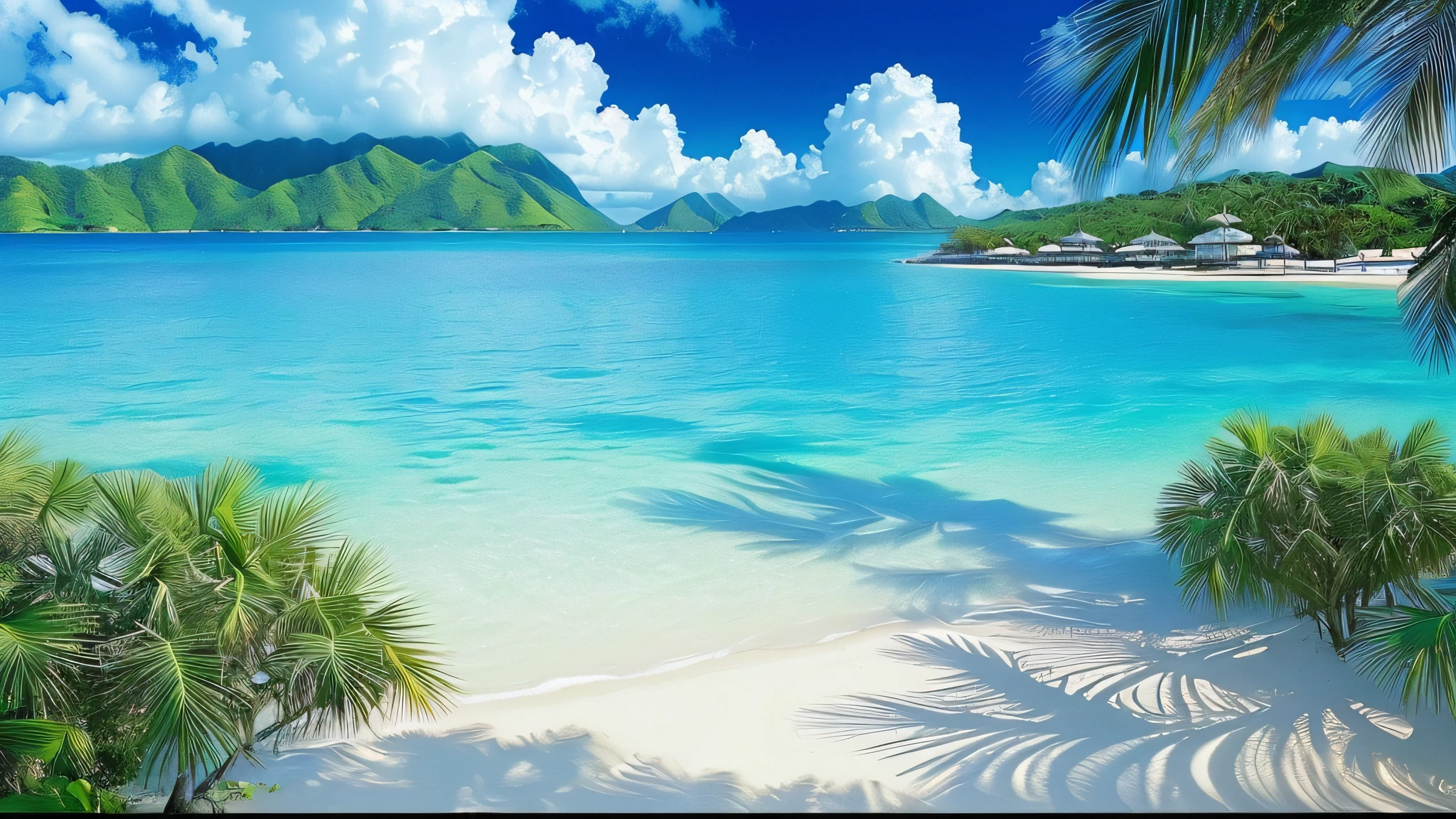 there is a picture of a beach with a palm tree and a blue ocean, beautiful scenery, clear water, scenery, beautiful peace scene, tropical beach paradise, island background, landscape wallpaper, beautiful beach, beautiful wallpaper, amazing background, amazing wallpaper, beach background, tropical beach