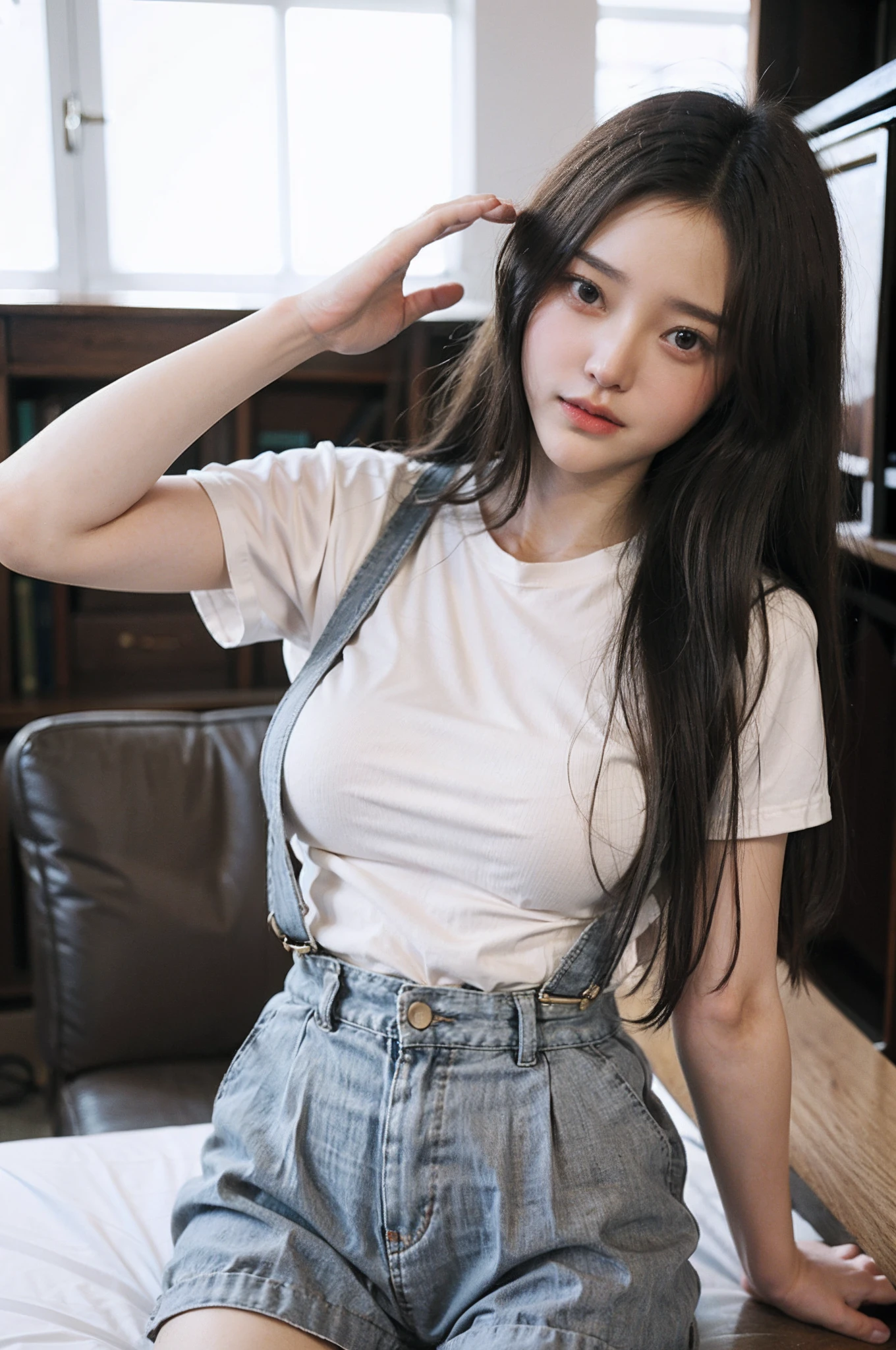 A girl in suspenders and shorts poses in the library