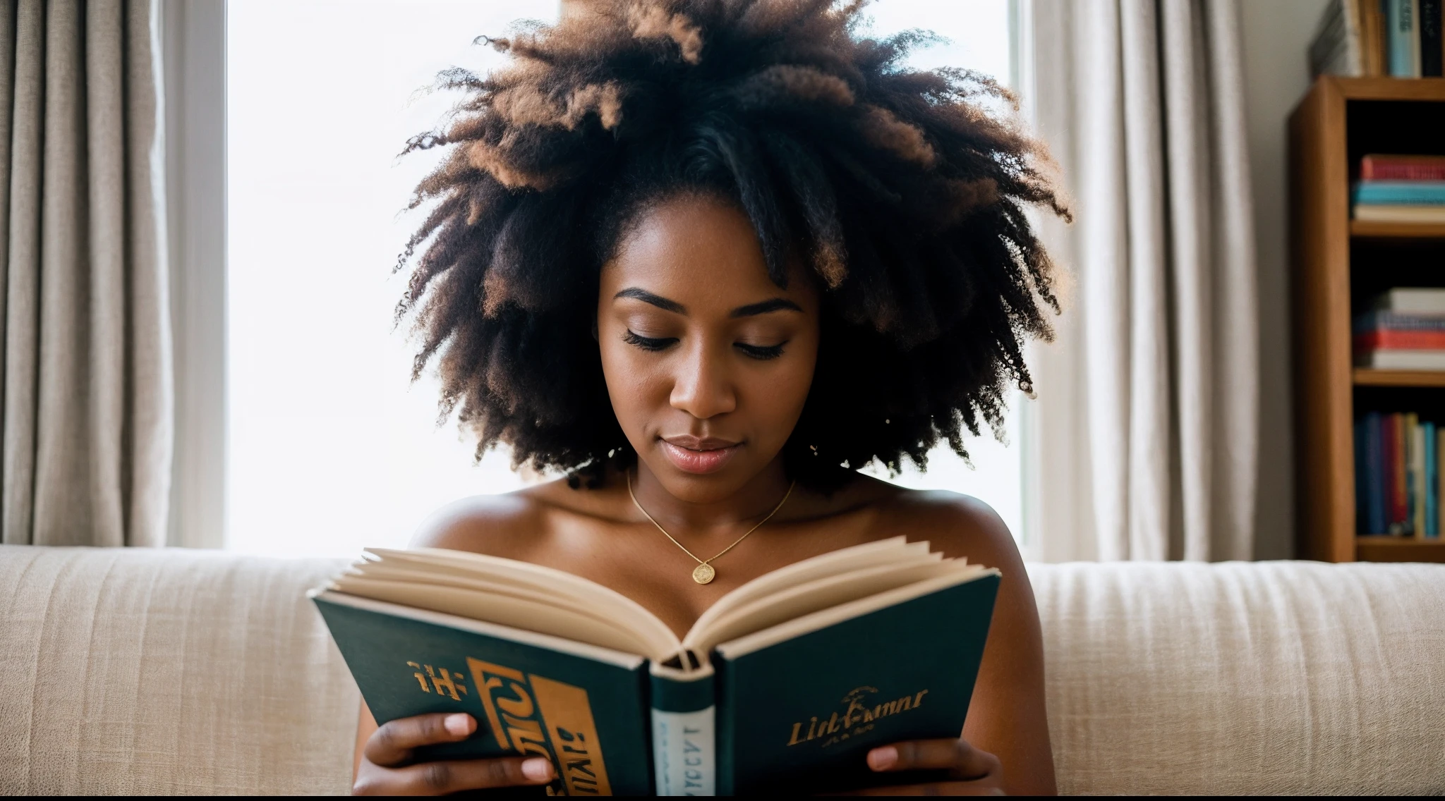 instagram photo, The enchanting moment when a afro american woman loses herself in the pages of literature, her expressions echoing the stories she embraces, Nikon D850 with 50mm f/1.4 lens, soft natural light, candid literature photography.