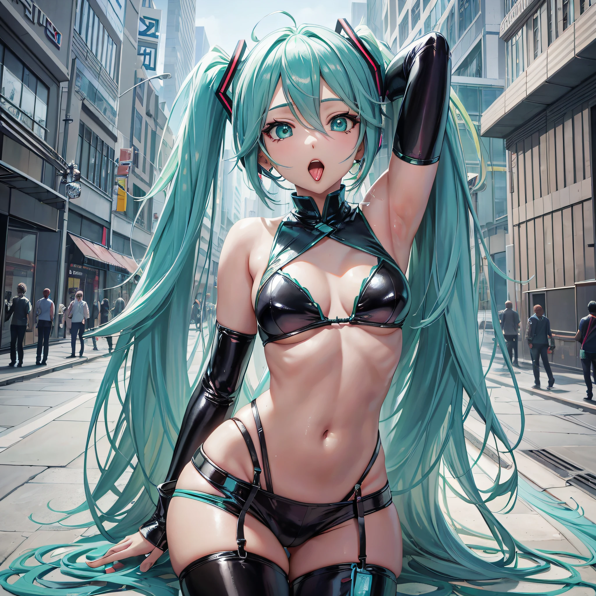Personagem de anime Hatsune Miku, Rosto detalhado, corpo detalhado, cinematic angle, MEIAS BRILHANTES, sticking tongue, sexy, sedutor, Liberado, cara de louco