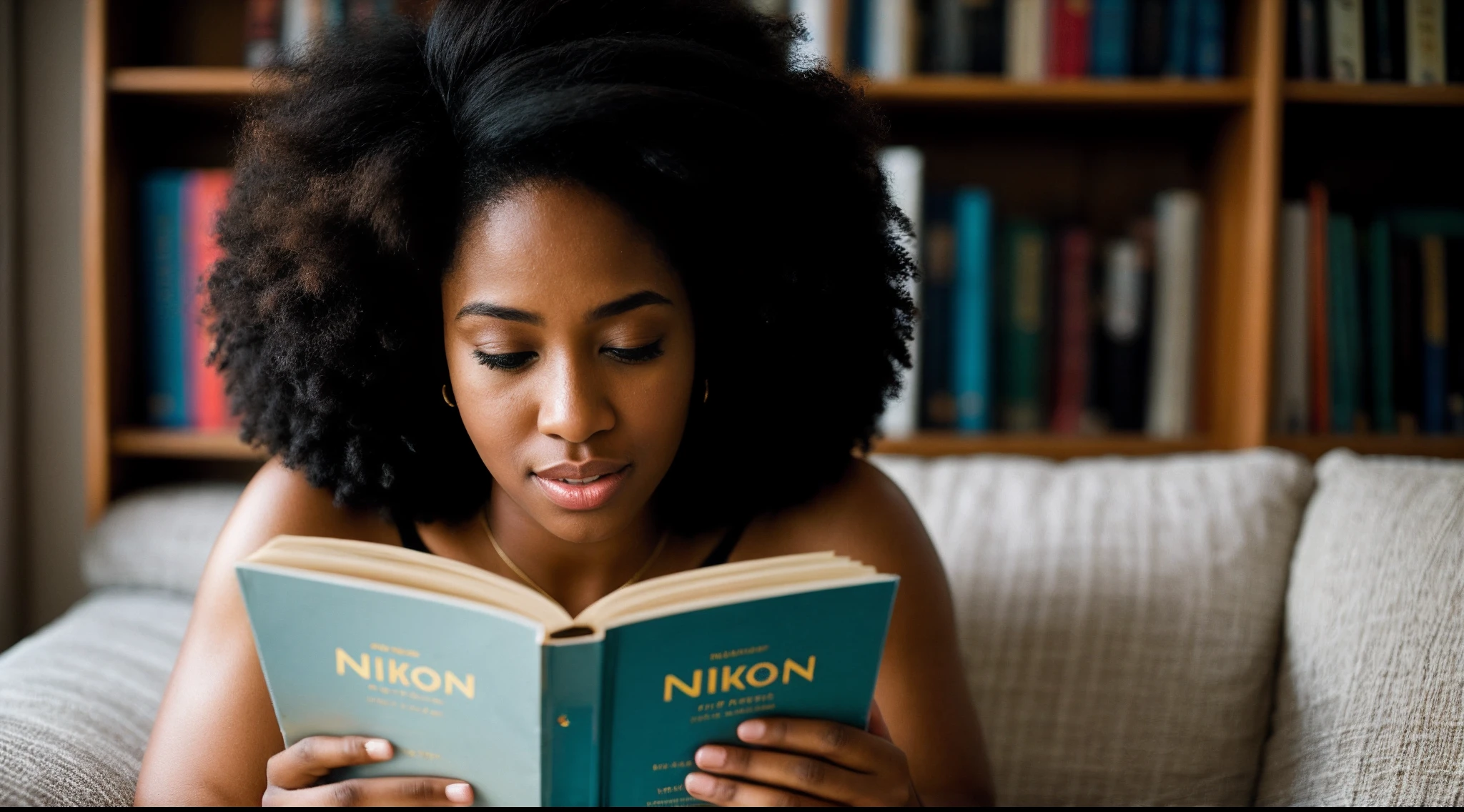 instagram photo, The enchanting moment when a afro american woman loses herself in the pages of literature, her expressions echoing the stories she embraces, Nikon D850 with 50mm f/1.4 lens, soft natural light, candid literature photography.