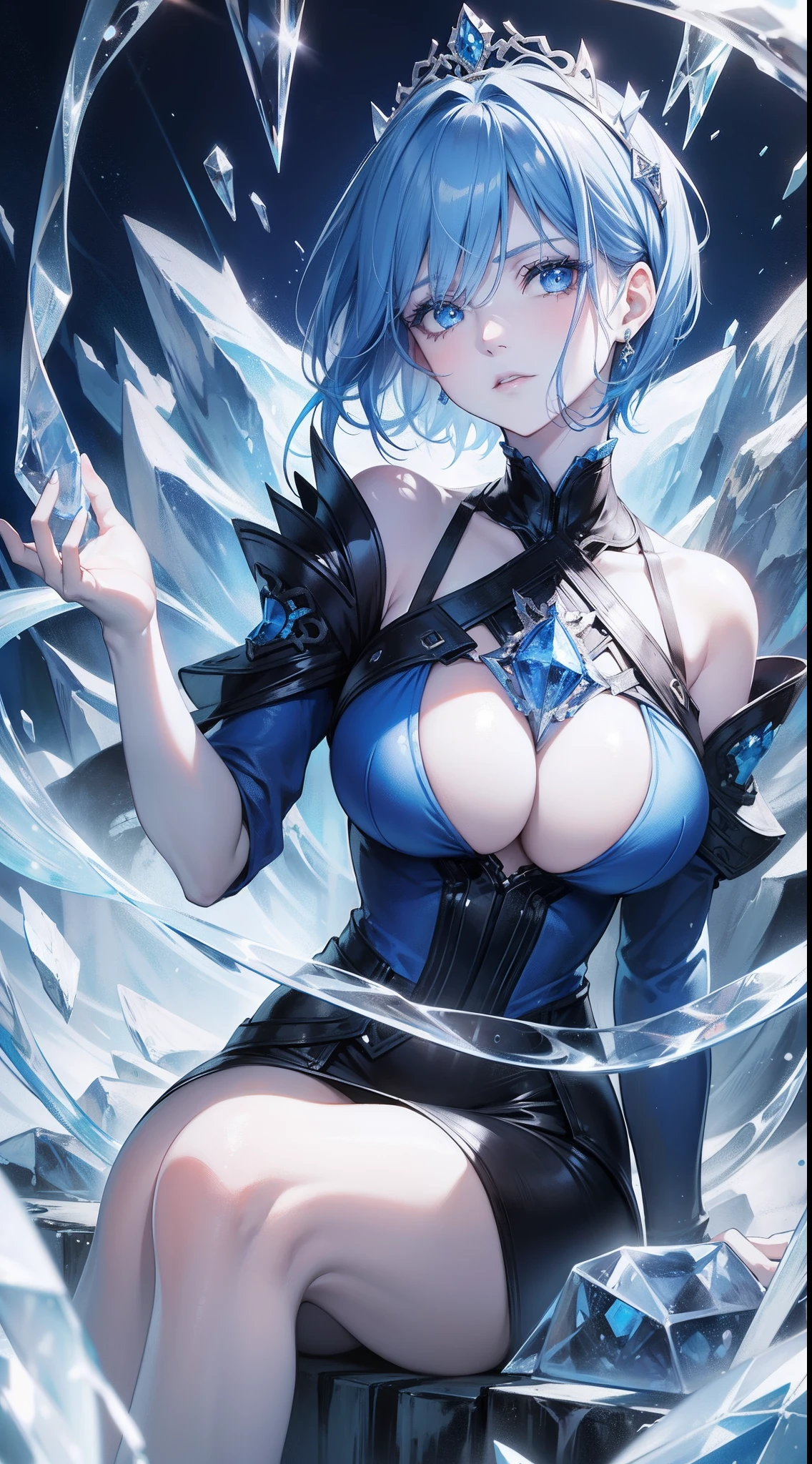 Adult woman, Short blue hair, blue eyes, big breastes, pale skin, Ice Crown, ice dress, Cold, emotionless look, blue lipstick, Masterpiece, hiquality