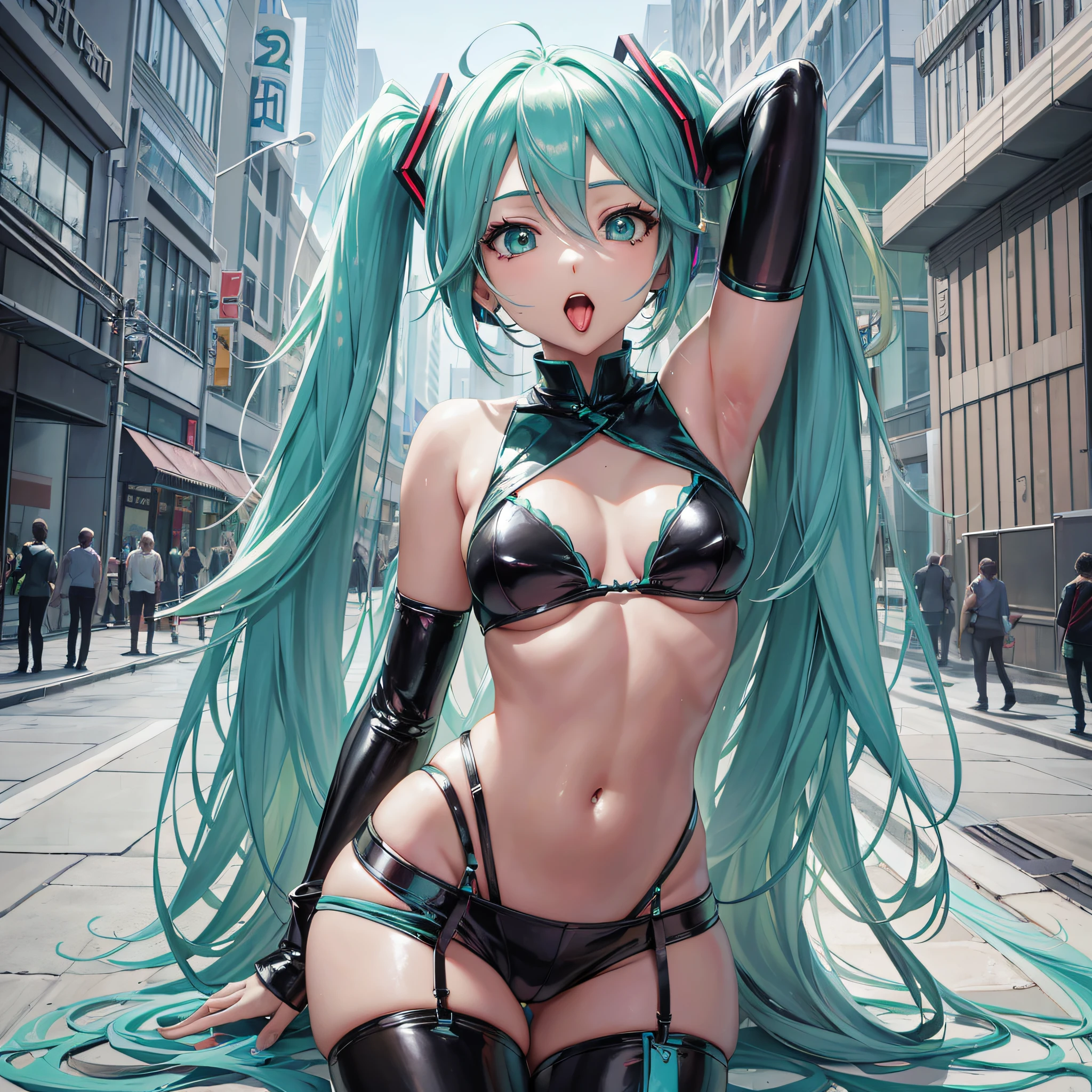 Personagem de anime Hatsune Miku, Rosto detalhado, corpo detalhado, cinematic angle, MEIAS BRILHANTES, sticking tongue, sexy, sedutor, Liberado, cara de louco