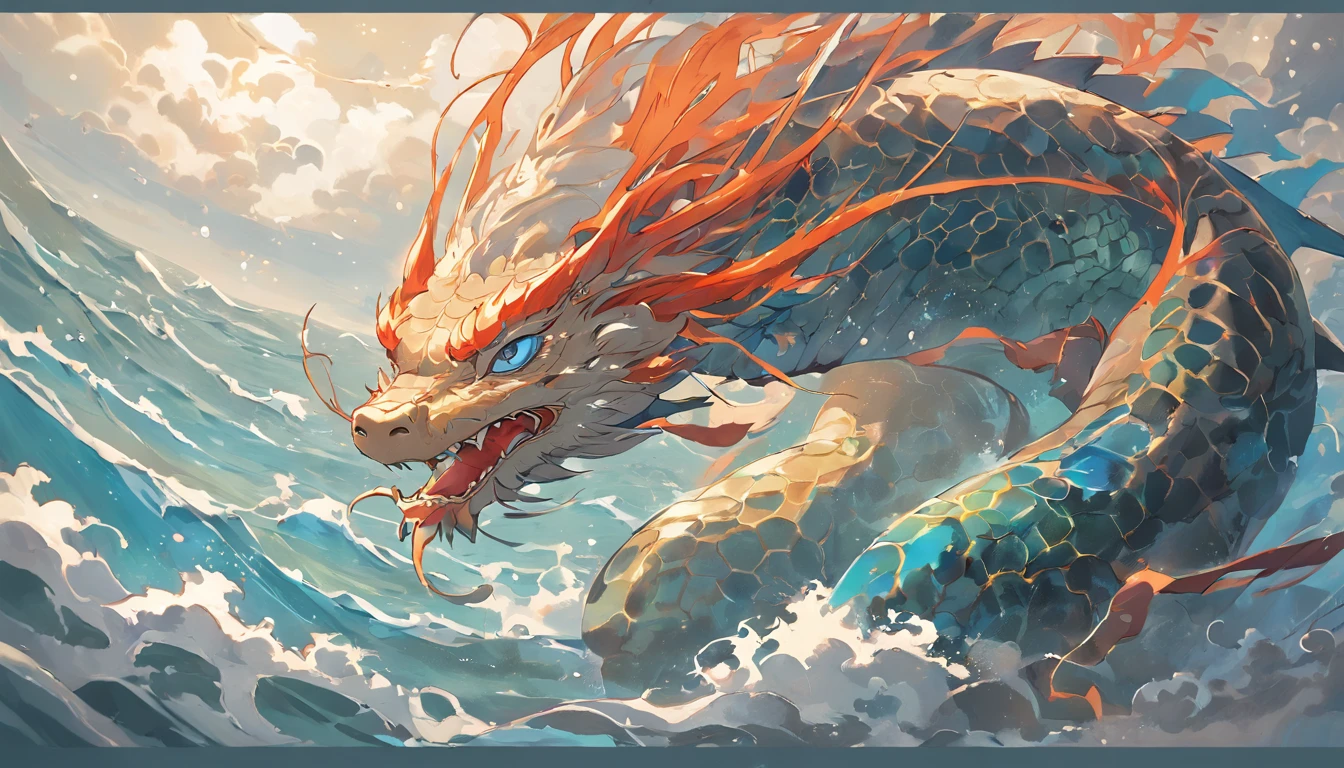 In Vickers style, The graphics in the poster design are in marine colors, Chinese dragon turtle in ink painting, Turtle and dragon combination, As a water god, Lives in the North Sea, Control thunderstorms at sea, an ancient Chinese god, turtle, drak, Mare, stony, Super sharp,Realistic details,Auspicious clouds, depth of fields, God Ray, fantasy coloring, Romanticism, Art Deco, cinematic lighting, depth of field, sparkle, god rays, ray tracing, Ultra-Wide Angle, first-person view, wide shot, UHD, high quality, high details, textured skin, best quality