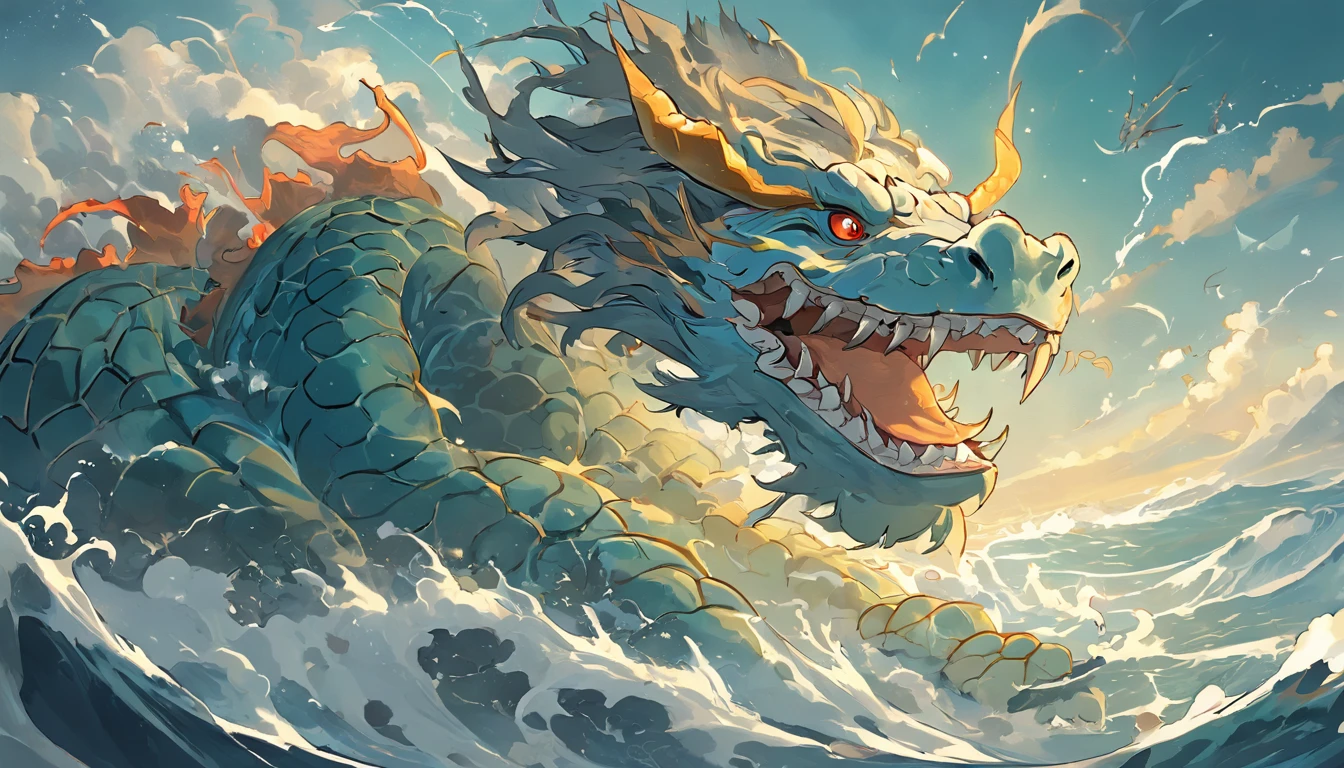 In Vickers style, The graphics in the poster design are in marine colors, Chinese dragon turtle in ink painting, Turtle and dragon combination, As a water god, Lives in the North Sea, Control thunderstorms at sea, an ancient Chinese god, turtle, drak, Mare, stony, Super sharp,Realistic details,Auspicious clouds, depth of fields, God Ray, fantasy coloring, Romanticism, Art Deco, cinematic lighting, depth of field, sparkle, god rays, ray tracing, Ultra-Wide Angle, first-person view, wide shot, UHD, high quality, high details, textured skin, best quality