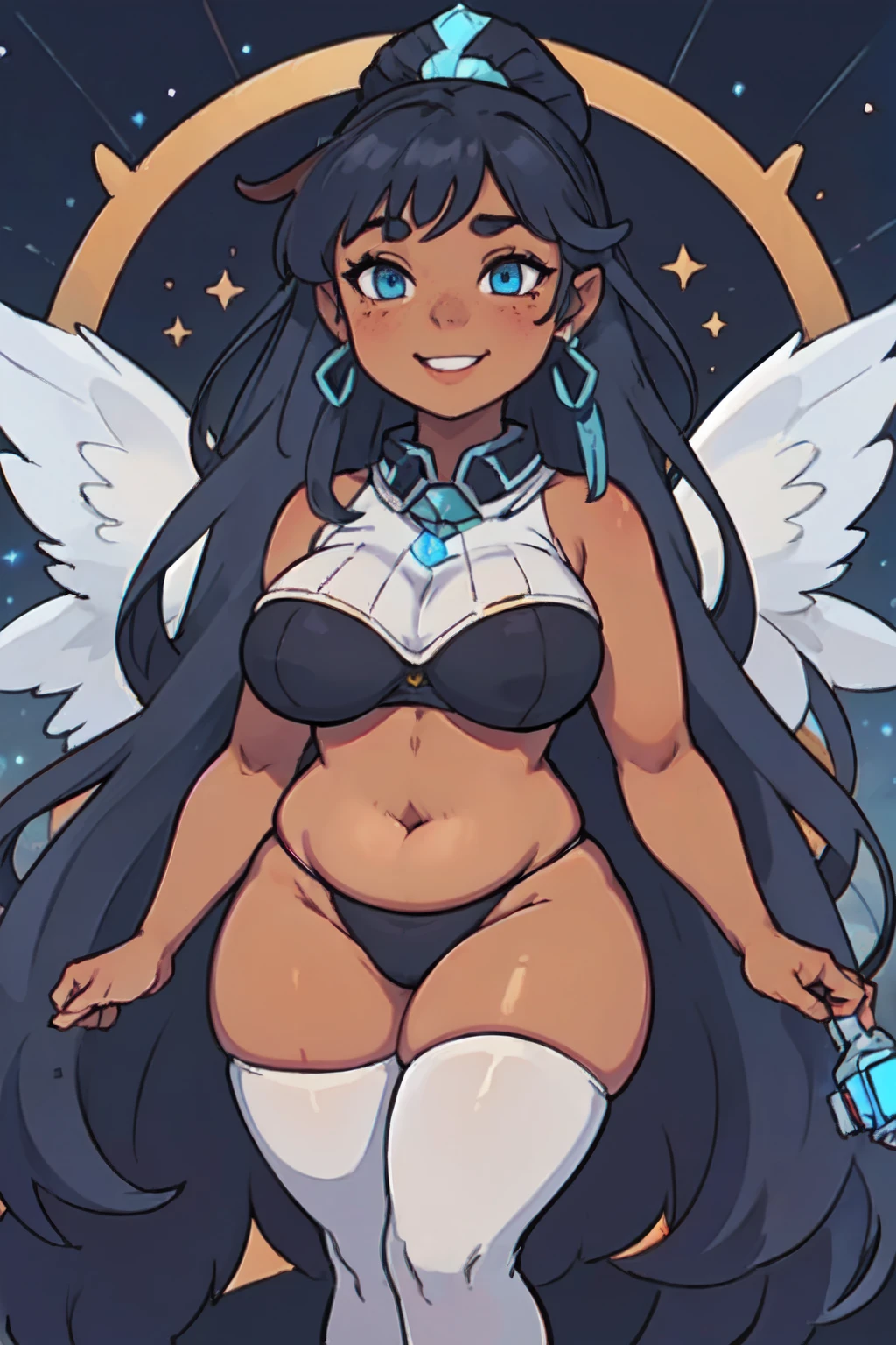 (1girl: 1.5), ((solo)), (dark skinned:1.8), goblin girl, azure_blue_hair, very long hair, wide body, (small stature:1.6), (huge breast:1.7), hair between eyes, wide hips, blue eyes, mole, mole on chest, age up, lips, big lips, big noise, thick eyebrows, (chubby:1.7), smile, freckles,(cosmic clothes: 1.8), (random poses: 1.7), supernova, (view from front: 1.5), galaxy, heavenly, goddess, (ethereal wings: 1.7)