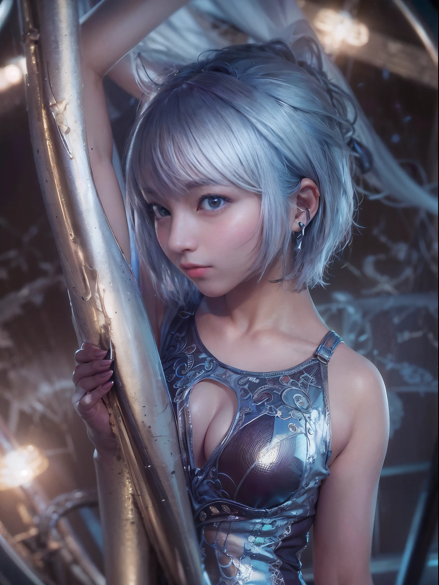 (masterpiece, best quality:1.5), fractal art, silver short hair, blue eyes, spotlight, sexy pose, beautiful girl doing pole dancing,