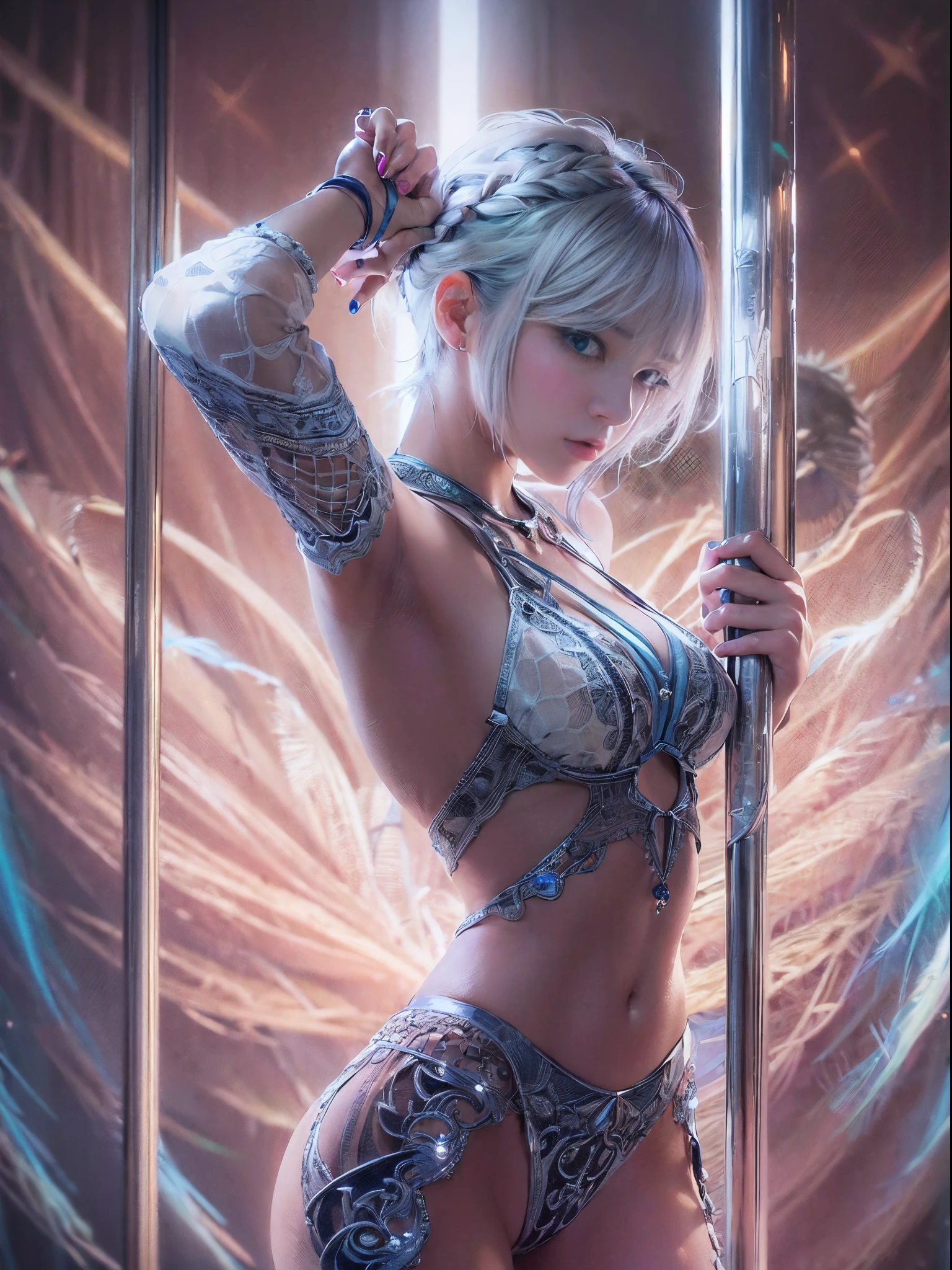 (masterpiece, best quality:1.5), fractal art, silver short hair, blue eyes, spotlight, sexy pose, beautiful girl doing pole dancing,