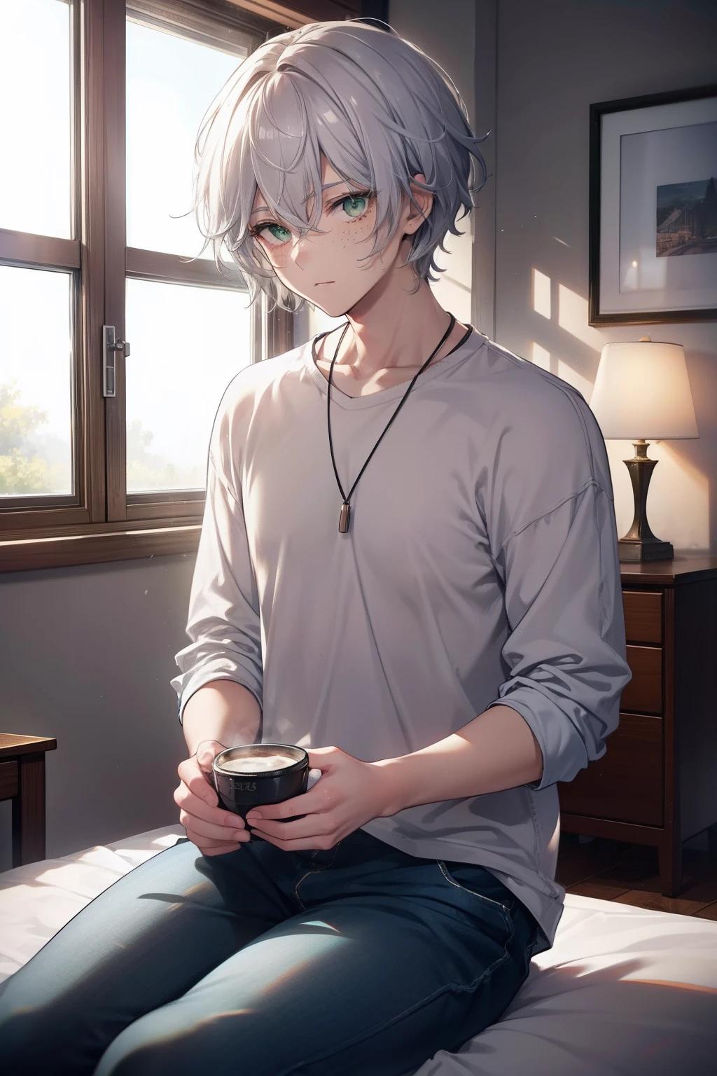 1.5, best quality, high quality, High definition, High quality texture, High quality shadow, high detail, beautiful detailed, finely detailed, extremely detailed cg, detailed texture, 1man, 22 years old, college student, dorm room, casual clothes, asian, disheveled hair, silver hair, short hair, relaxed, green eyes, freckles, sitting down