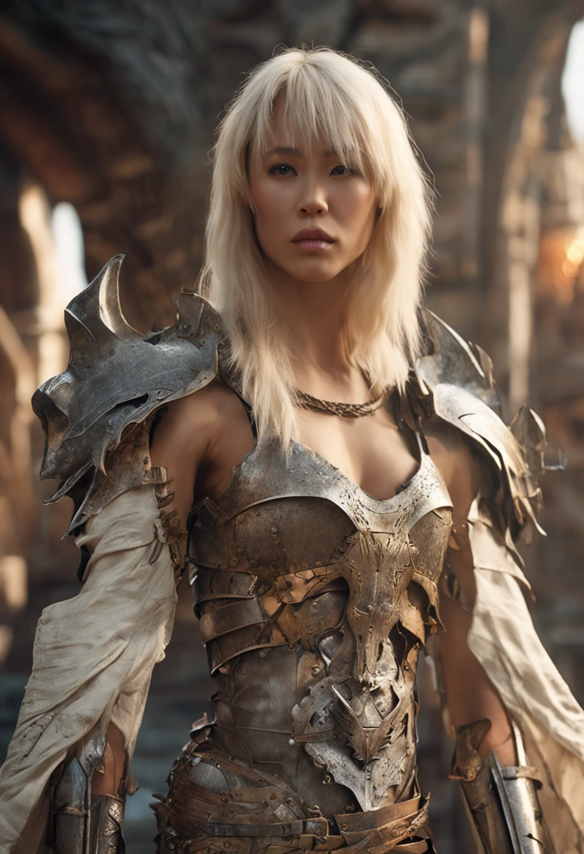 beautiful slender young long-haired with bangs blonde asian woman in tattered white fantasy armor with exposed chest, castle interior, UHD, elven fantasy, micro details, soft light, photorealistic, proportional, hyper details