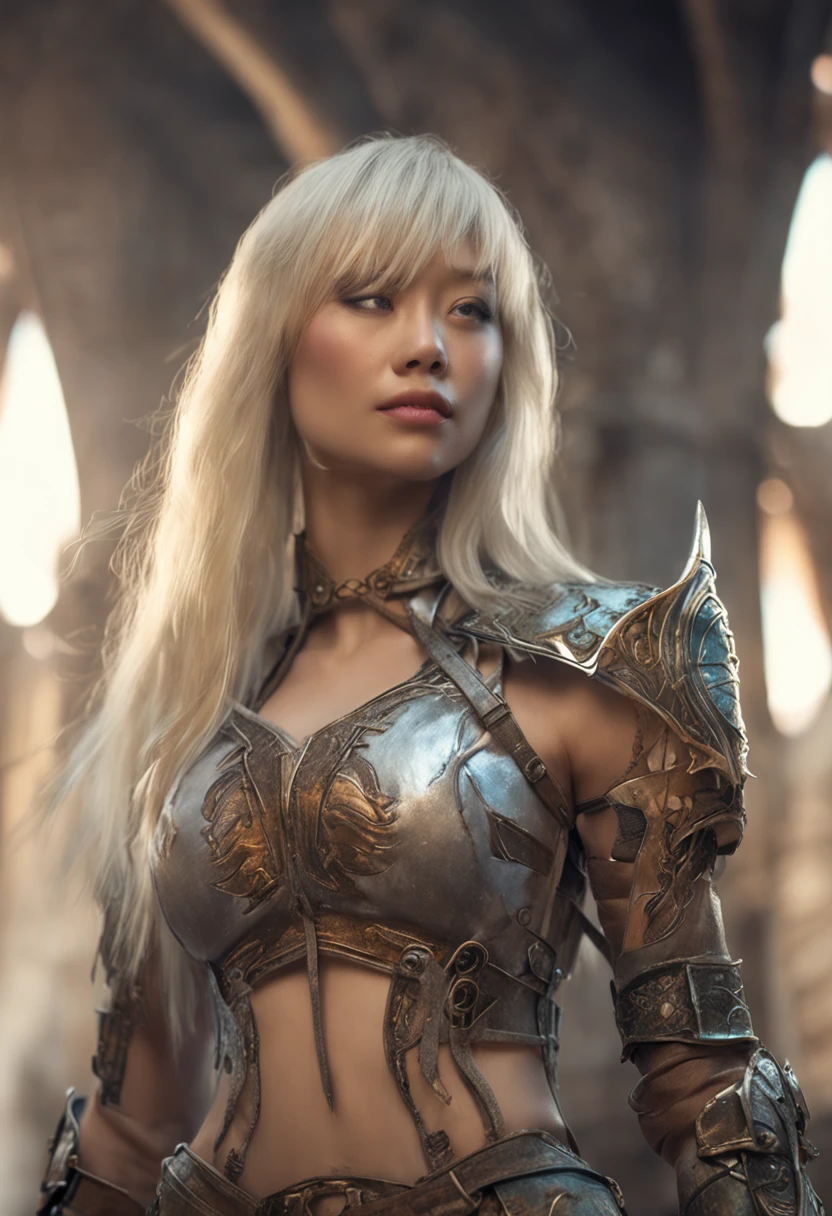 beautiful slender young long-haired with bangs blonde asian woman in tattered white fantasy armor with exposed chest, castle interior, UHD, elven fantasy, micro details, soft light, photorealistic, proportional, hyper details
