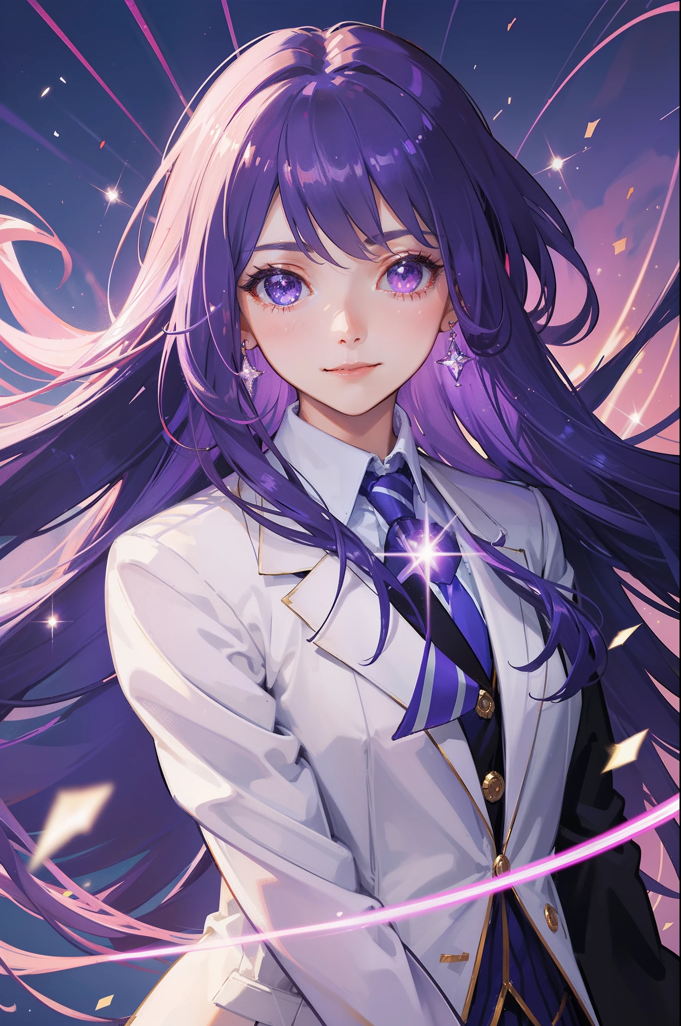 masterpiece, best quality, beautiful detailed hair detailed face, perfect feminine face, smile, happy, a beautiful and cute girl with sparkling and glowing purple hair, in blazer wearing with purple striped, (close-up potrait:1.2), floating hair by wind, (sparkle particle), lens flare, sharp focus, volumetric lighting