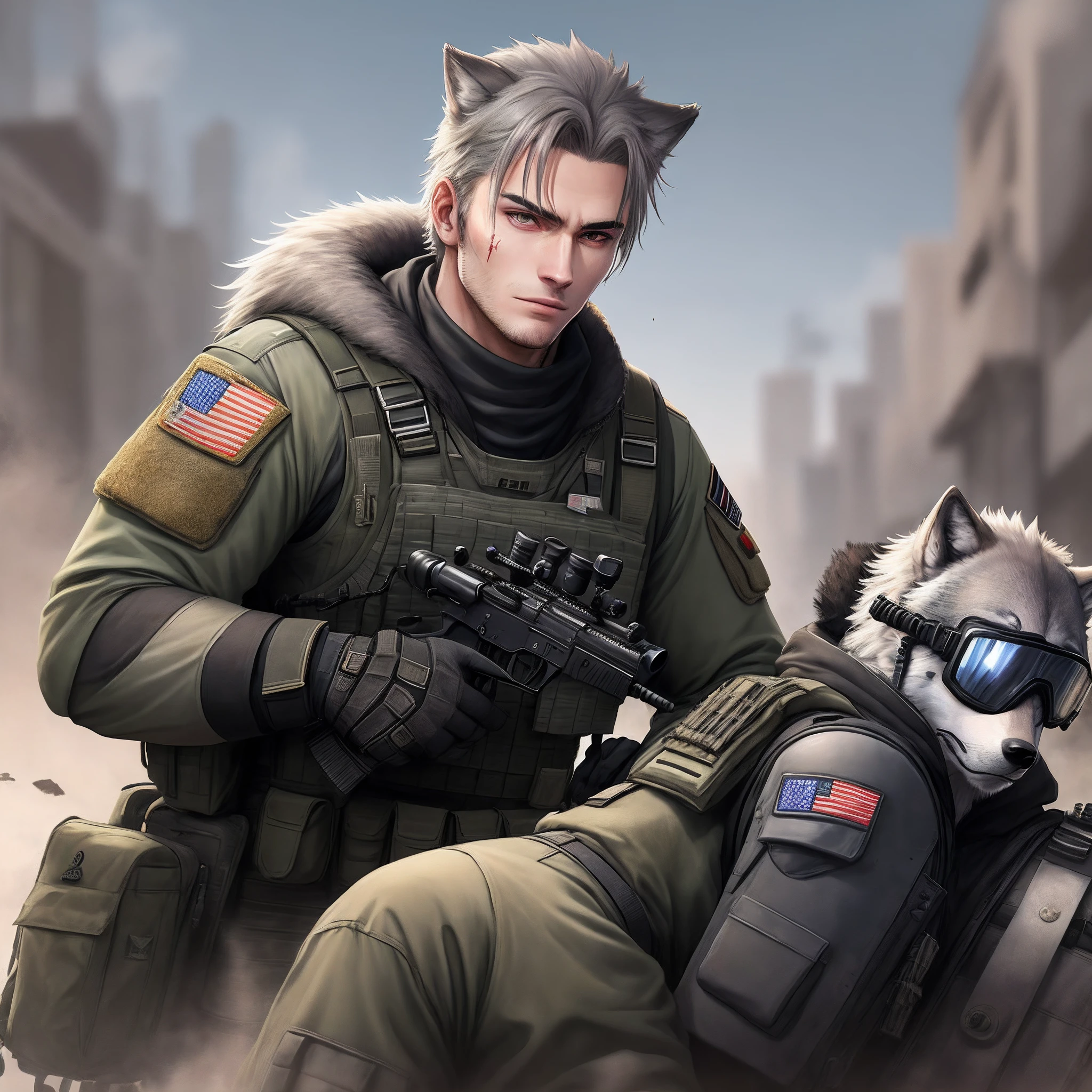 Gray fur,Male wolves,Character Focus Solo,hairy pubic,coda,Special forces uniforms,Body armor,army boots,The right hand is adjusting the goggles on the forehead,Sniper rifle in his left hand,Sharp gaze,There is a scar on the right eye,Handsome,Young Movement is sniping at others on his stomach